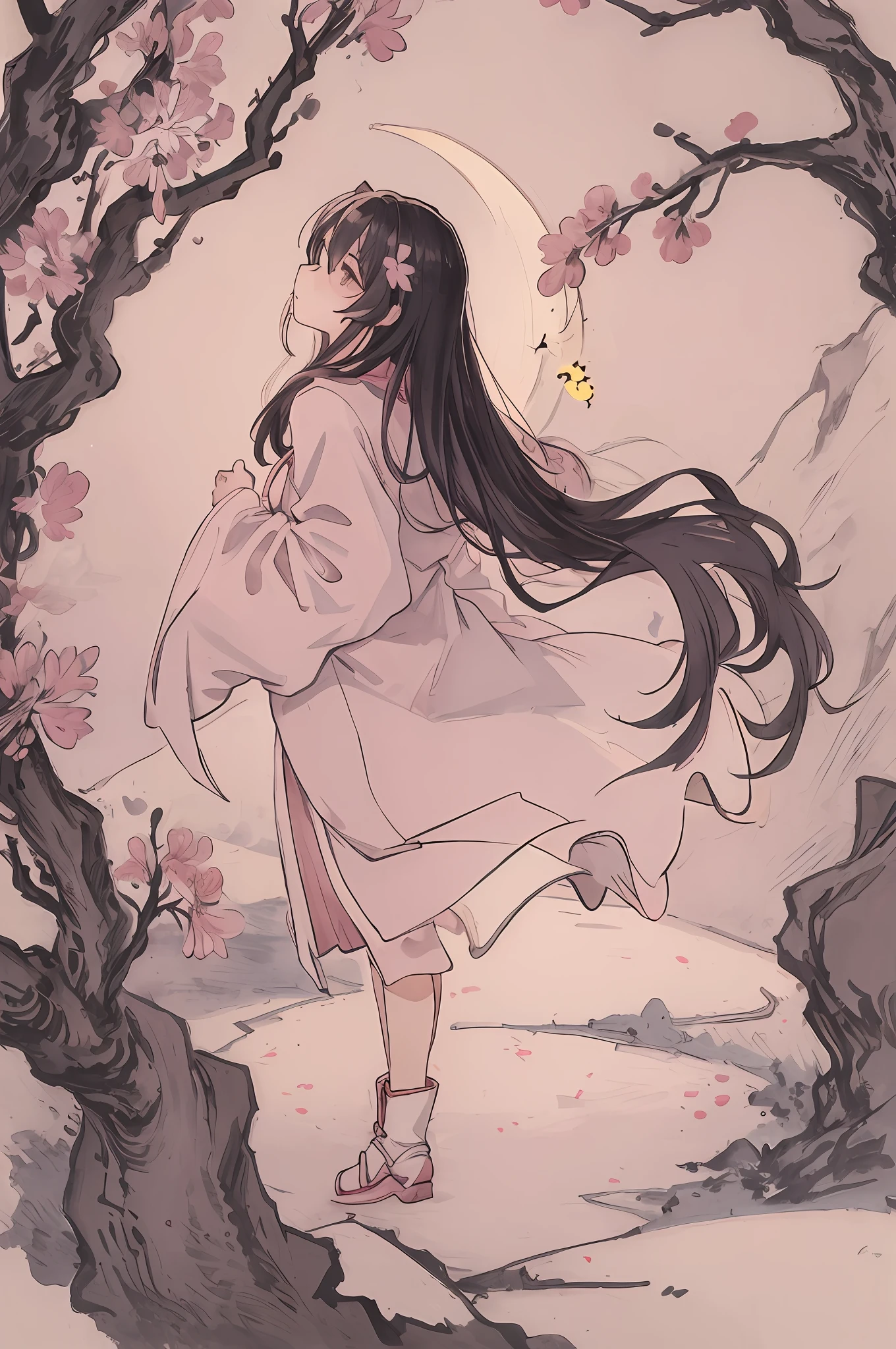 masterpiece, best quality, night, hill, clouds, full moon, long hair, woman, silhouette, fireflies.stars , mysterious Sakura tree,pink color leafs