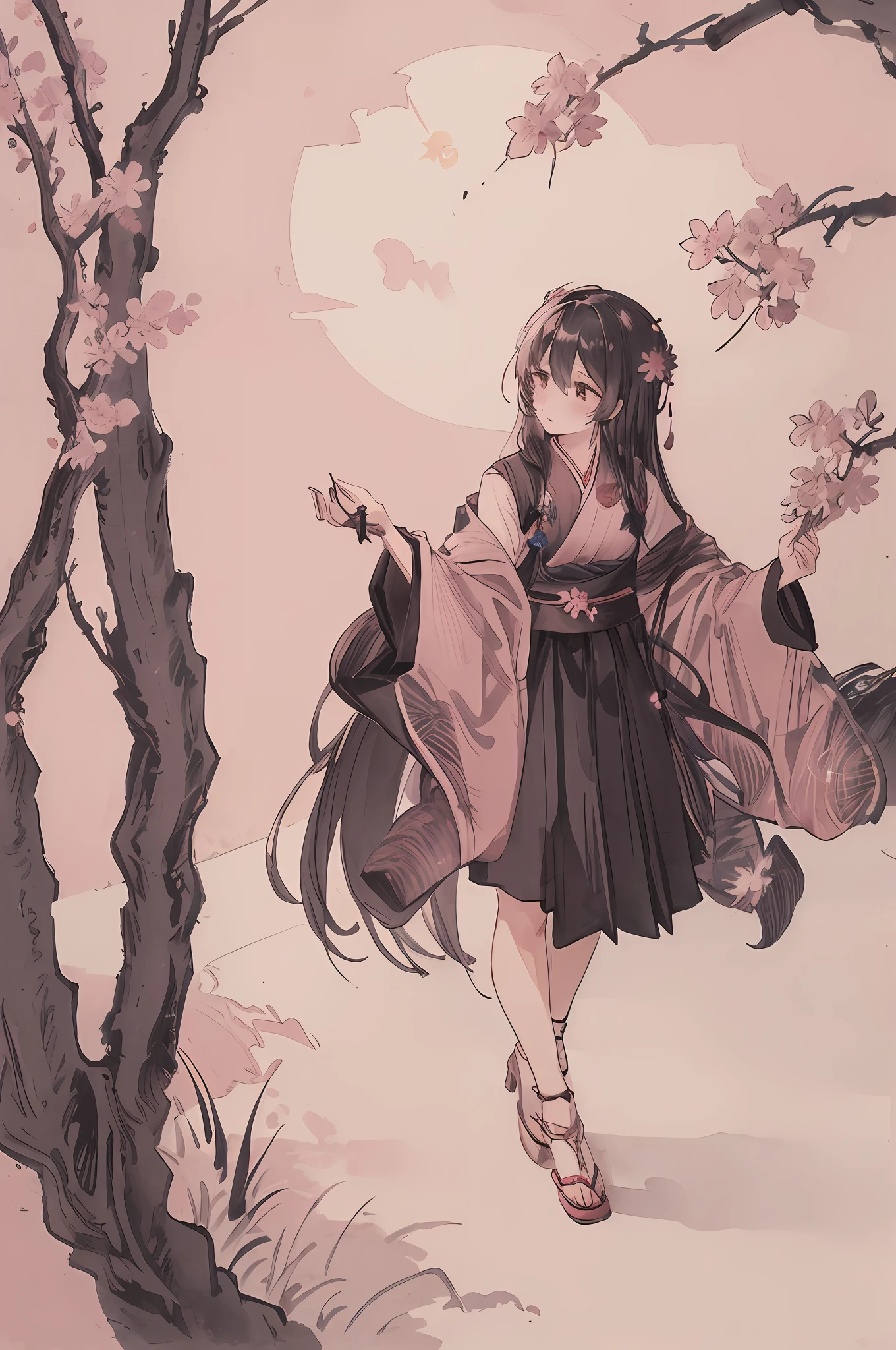 masterpiece, best quality, night, hill, clouds, full moon, long hair, woman, silhouette, fireflies.stars , mysterious Sakura tree,pink color leafs