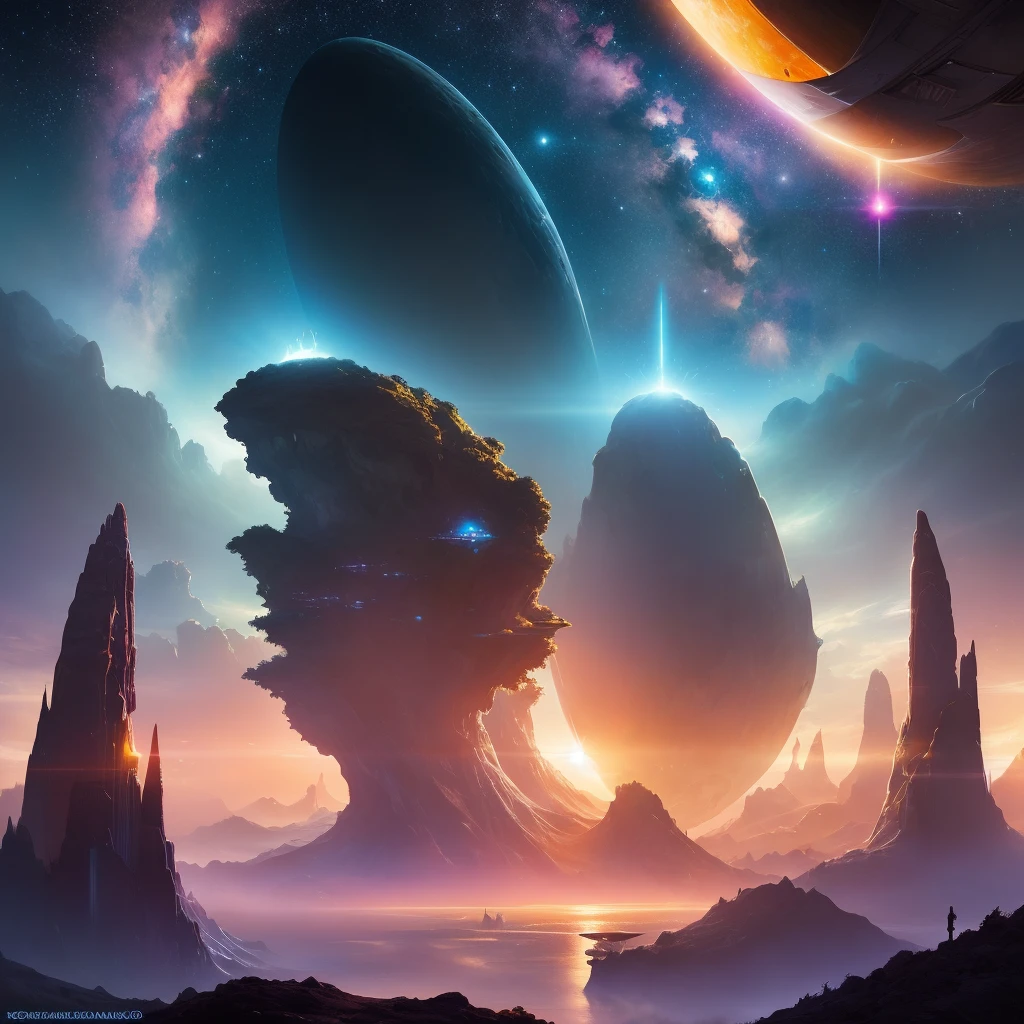 a view of a distant planet with a distant sky and a distant moon, epic fantasy sci fi illustration, arstation and beeple highly, inspired by Christopher Balaskas, artgem and beeple masterpiece, sci-fi digital art illustration, by Christopher Balaskas, fantasy planet, beautiful sci fi art, sci fi digital painting, sci-fi digital painting