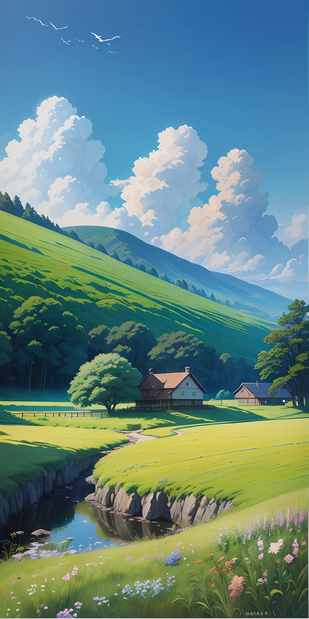 Realistic, real, beautiful and stunning landscape oil painting Studio Ghibli Hayao Miyazaki Petals Grassland Blue Sky Grassland Country Road--v6