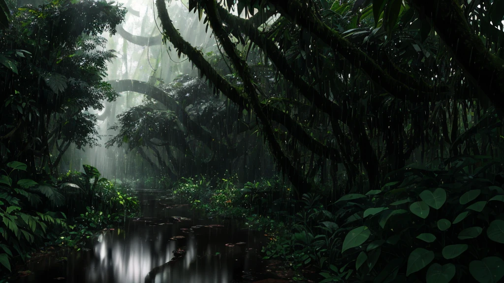 Jungle, heavy rainfall, monochrome, vines everywhere, huge wet trees, masterpiece, best quality, high quality, very detailed CG unity 8k wallpaper, oil painting, award winning photography, bokeh, depth of field, HDR, bloom , chromatic aberration, photorealism, very detailed, trending on artstation, trending on CGsociety, intricate, high detail, dramatic, midjourney art, volumetric lighting. Image size: 960x536