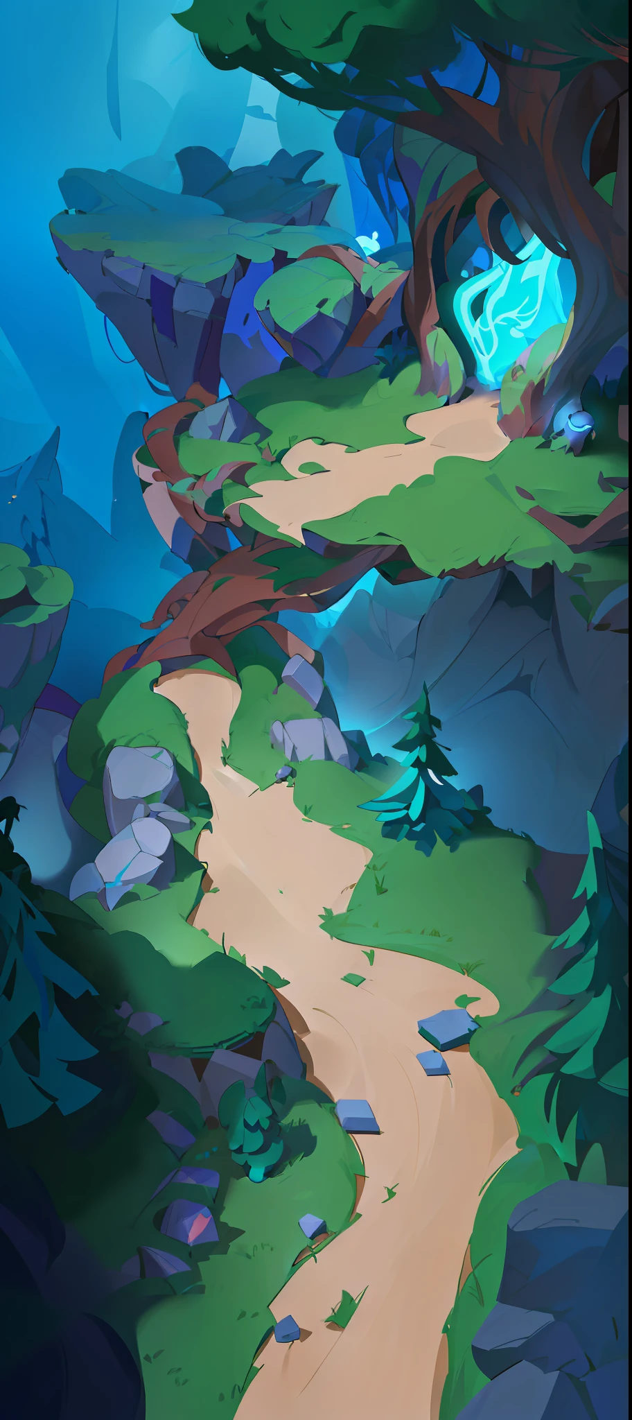 there is a path going through a forest with a glowing light, stylized concept art, stylized game art, painted as a game concept art, stylized shading, odin's stone arena background, simple stylized, stylized painting, stylized art, concept artstyle, 2 d game environment design, arena background, isometric game art, background art