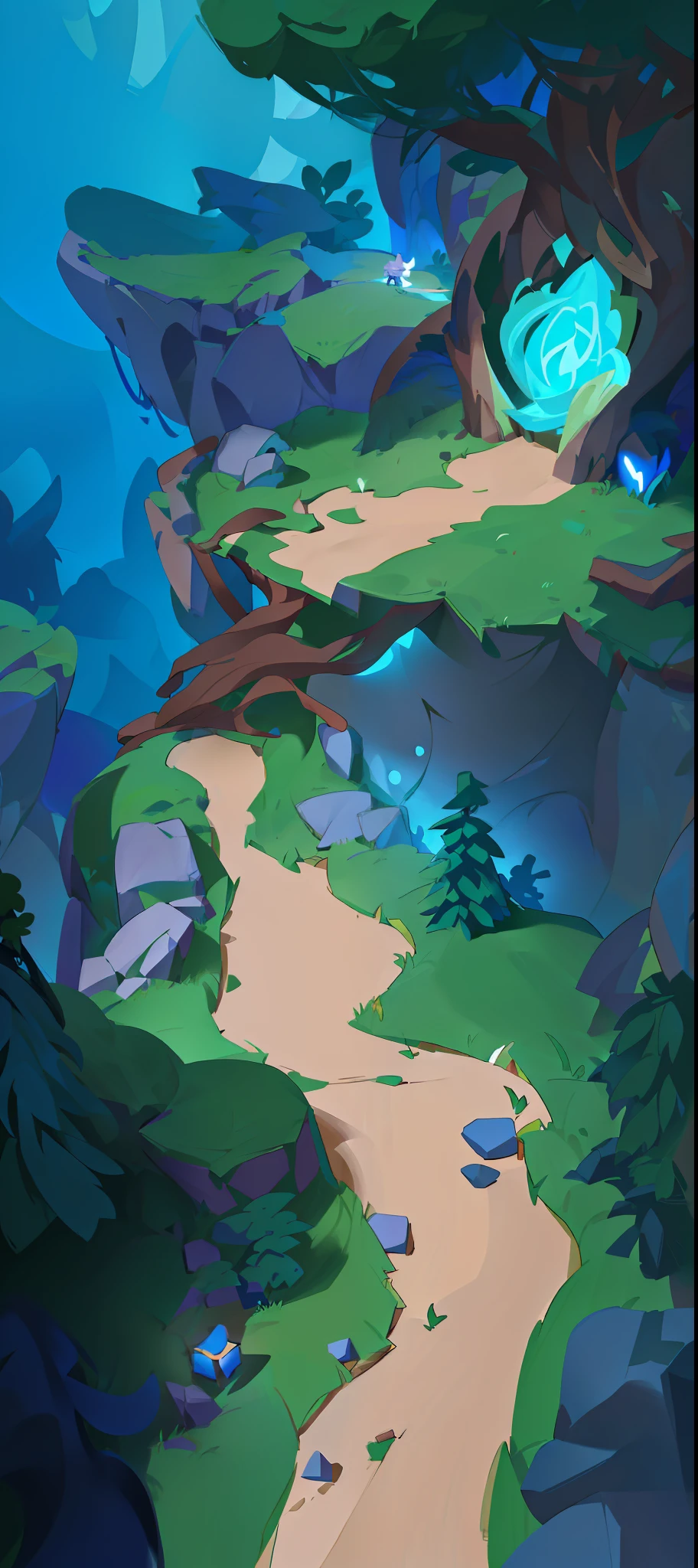 there is a path going through a forest with a glowing light, stylized concept art, stylized game art, painted as a game concept art, stylized shading, odin's stone arena background, simple stylized, stylized painting, stylized art, concept artstyle, 2 d game environment design, arena background, isometric game art, background art