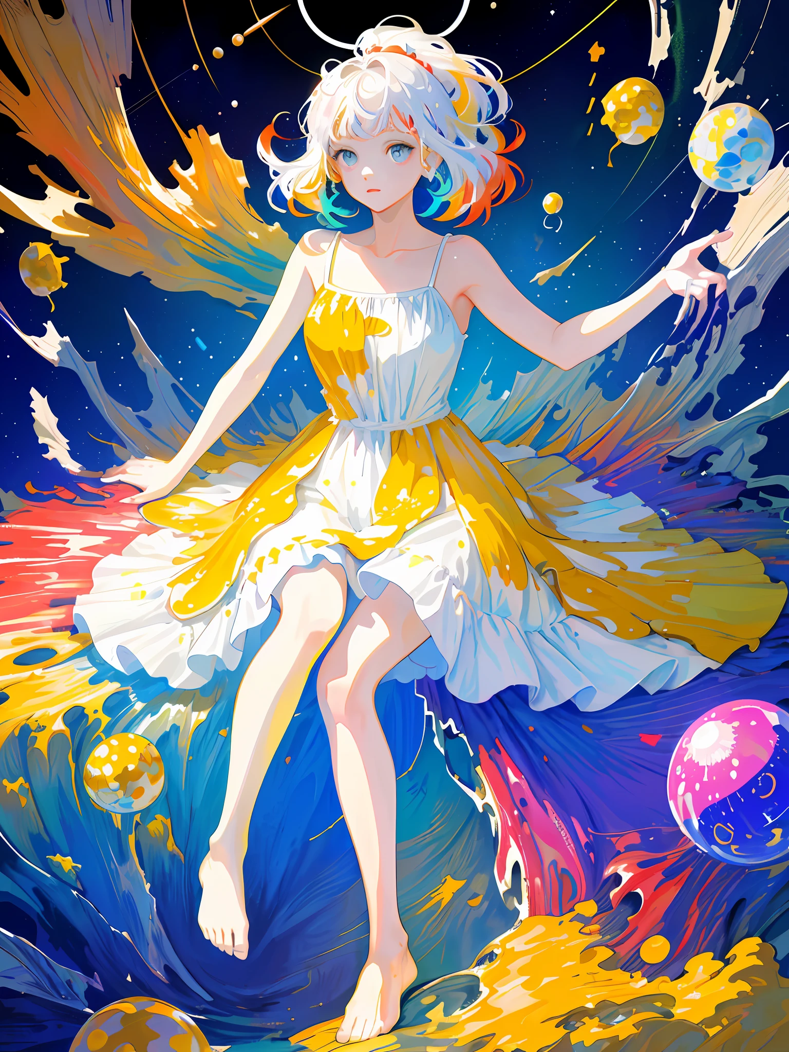 (masterpiece, best quality: 1.2), (super detailed), (illustration), wallpaper, original, 1girl, messy (((color and dynamic))) hair, spaghetti straps, white dress, bare legs, bare feet, light arm, space, earth background, low earth orbit, full body, , (surrounded by colorful splashes and dots), colored bubbles, (shiny)