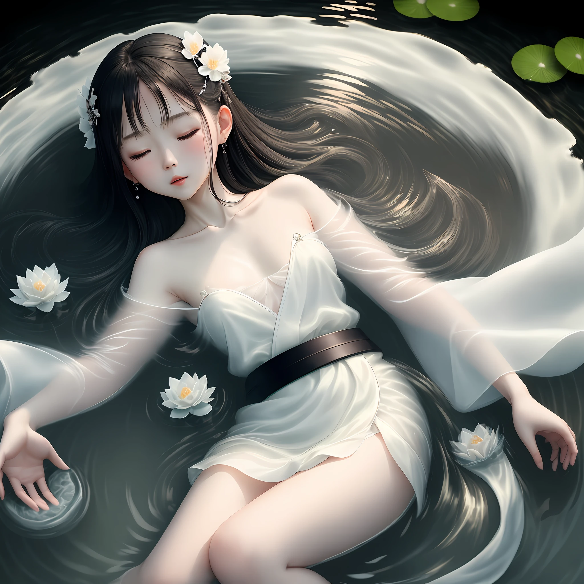 White gauze Hanfu, a woman, fair skin, pond, collarbone, eyes closed, half submerged in water, dark background, moonlight, hairpin, jade pendant, Hanfu, delicate face, hair accessories, ruddy lips, skirt, belt, Jewelry, long hair, earrings, Hanfu, best quality, silky hair, perfect body proportions, wet, slender legs, soaked in water, water submerged most of the body, poured into the water, (back: 1.5), flat Lying in the water, Screen jumps out of the phone screen