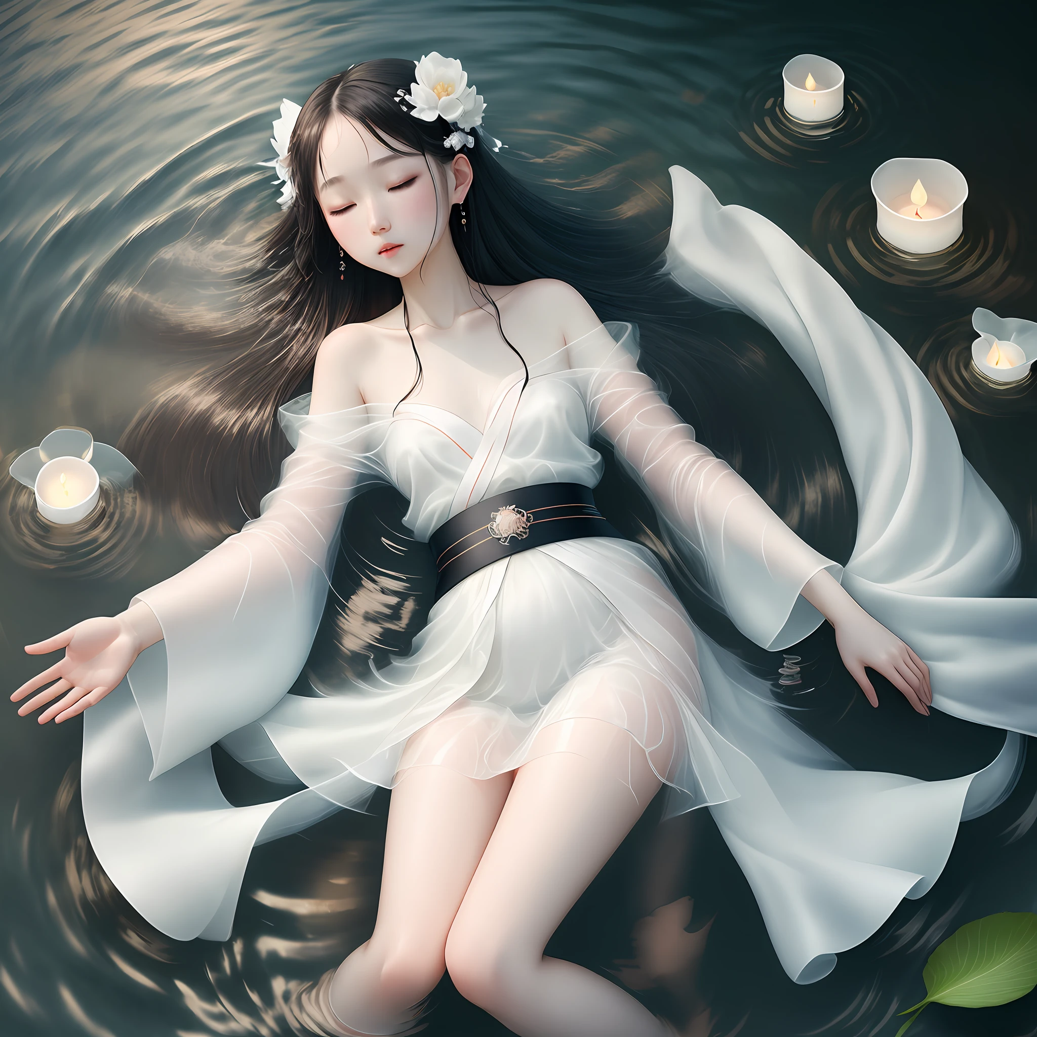 White gauze Hanfu, a woman, fair skin, pond, collarbone, eyes closed, half submerged in water, dark background, moonlight, hairpin, jade pendant, Hanfu, delicate face, hair accessories, ruddy lips, skirt, belt, Jewelry, long hair, earrings, Hanfu, best quality, silky hair, perfect body proportions, wet, slender legs, soaked in water, water submerged most of the body, poured into the water, (back: 1.5), flat Lying in the water, Screen jumps out of the phone screen