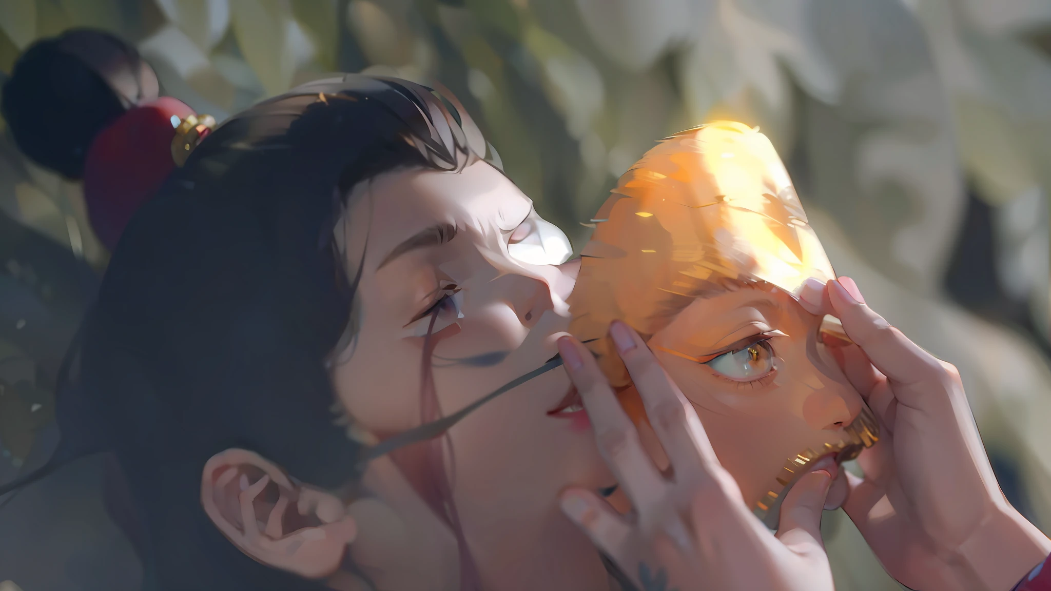 (male: 1.1), (masterpiece), eyes closed, a pair of hands to take off the mask for him, best quality, Anime, merge, colorful, vibrant colors, illustration, artstyle, fantasy, realistic, animation, (photo_\(medium\ ):1.0), by Antonio J. Manzanedo, by Jeremy Lipking, lightning, in surreal landscapes, dark eyes, smooth, sharp focus