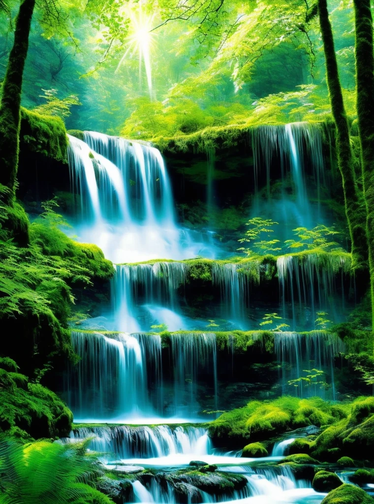 painting of a waterfall in a green forest with a sunbeam, waterfalls, amazing depth, breathtaking masterpiece of art, peaceful beautiful waterfall, multiple waterfalls, an endless waterfall, (waterfall), waterfall(beautiful, waterfall backdrop, waterfall, beautiful art uhd 4 k, streams of flowing light, soft airbrushed artwork, immense waterfall, cascading iridescent waterfalls