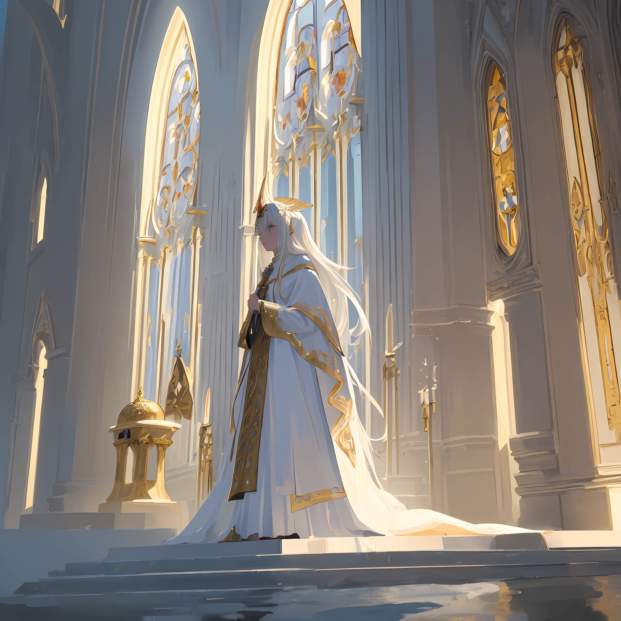((masterpiece)), ((best quality)), ((ultra-detailed)), illustration, a white-haired and golden-eyed woman dressed as a priestess, wearing a golden western classical dress, without any exposure, wearing Cloak, front view viewer, pious, indifferent, mysterious, with white spire gothic cathedral in background, fantasy