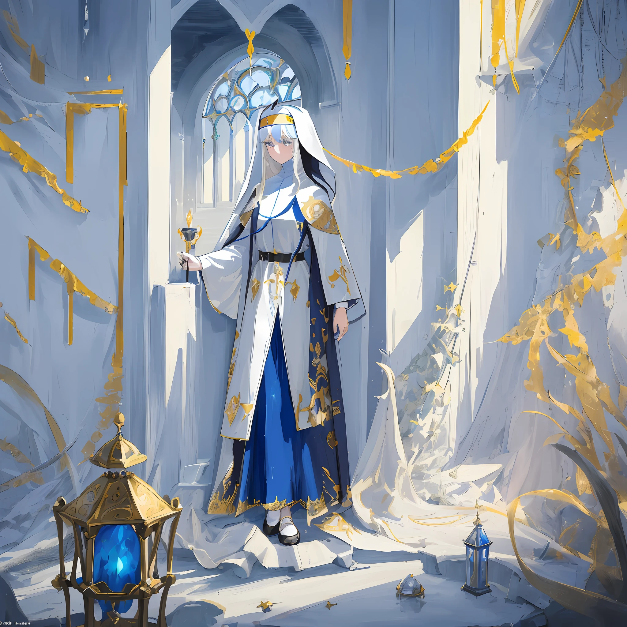 ((masterpiece)), ((best quality)), ((ultra-detailed)), illustration, a woman with white hair and golden pupils dressed as a priestess, a nun, wearing a long blue dress without any exposure, wearing White cloak facing the viewer, indifferent, mysterious, with a vast magical ocean in the background, fantasy