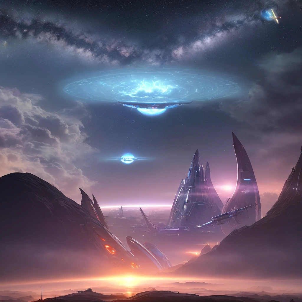 A sci-fi space port on top of a hill with huge spaceships docking, space nebula in the sky behind, dusk, ultra realistic, high resolution, picturesque