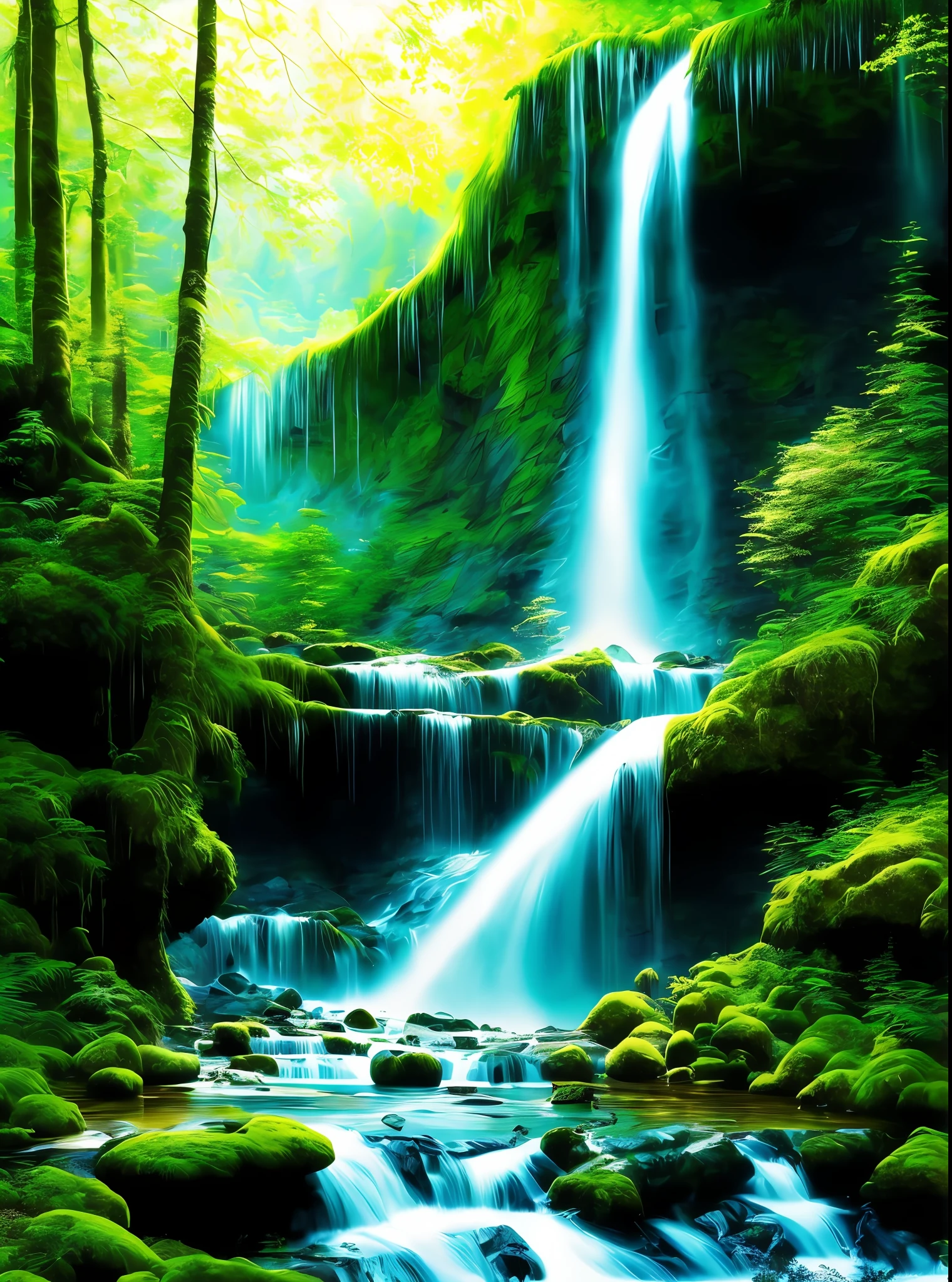 painting of a waterfall in a green forest with a sunbeam, waterfalls, amazing depth, breathtaking masterpiece of art, peaceful beautiful waterfall, multiple waterfalls, an endless waterfall, (waterfall), waterfall(beautiful, waterfall backdrop, waterfall, beautiful art uhd 4 k, streams of flowing light, soft airbrushed artwork, immense waterfall, cascading iridescent waterfalls