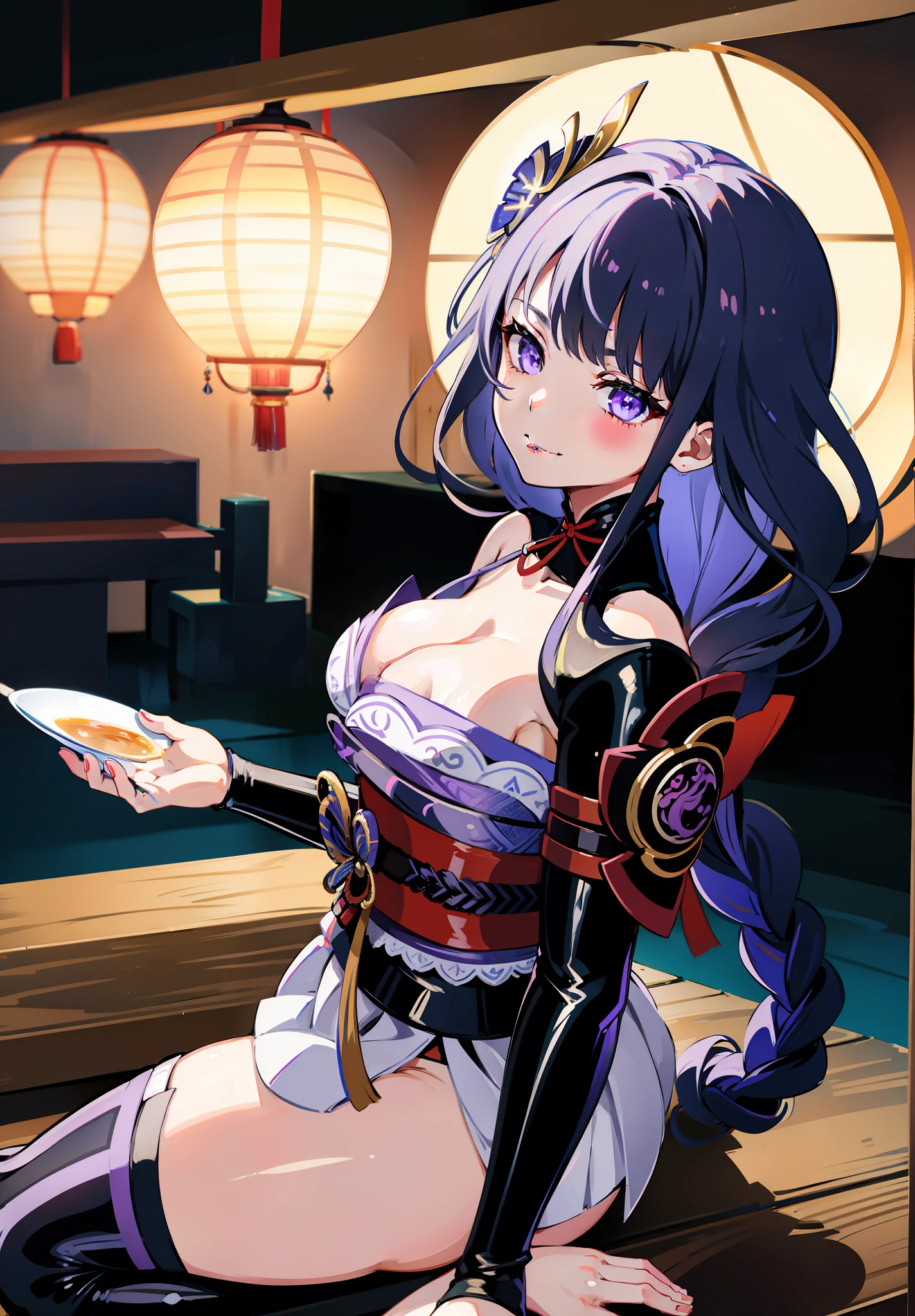 Girl, Raiden Shogun, Korean woman, shoulder exposure, shoulder smooth texture latex, coveted smile, anime feel, evil devil, {black painting},