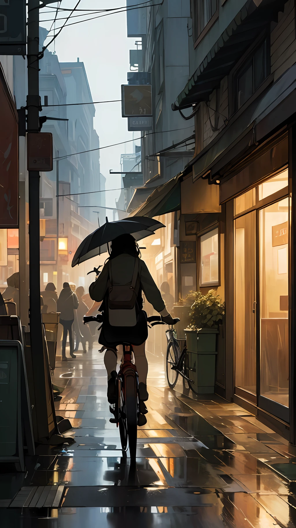 (masterpiece, best quality), Photo if a cafe ,wet Street, buildings,busy street , cycle, trash been, nostalgia, ultra quality, hyper detailed