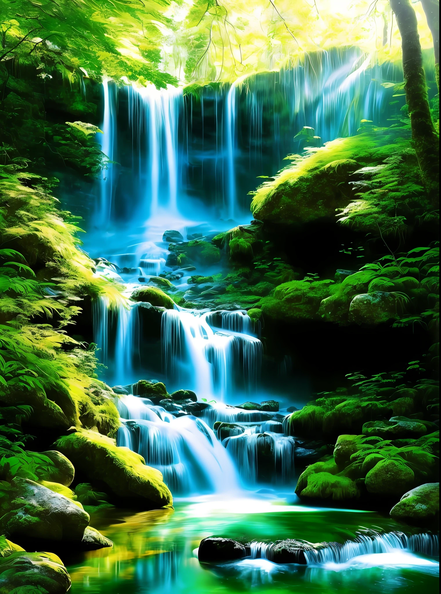 painting of a waterfall in a green forest with a sunbeam, waterfalls, amazing depth, breathtaking masterpiece of art, peaceful beautiful waterfall, multiple waterfalls, an endless waterfall, (waterfall), waterfall(beautiful, waterfall backdrop, waterfall, beautiful art uhd 4 k, streams of flowing light, soft airbrushed artwork, immense waterfall, cascading iridescent waterfalls