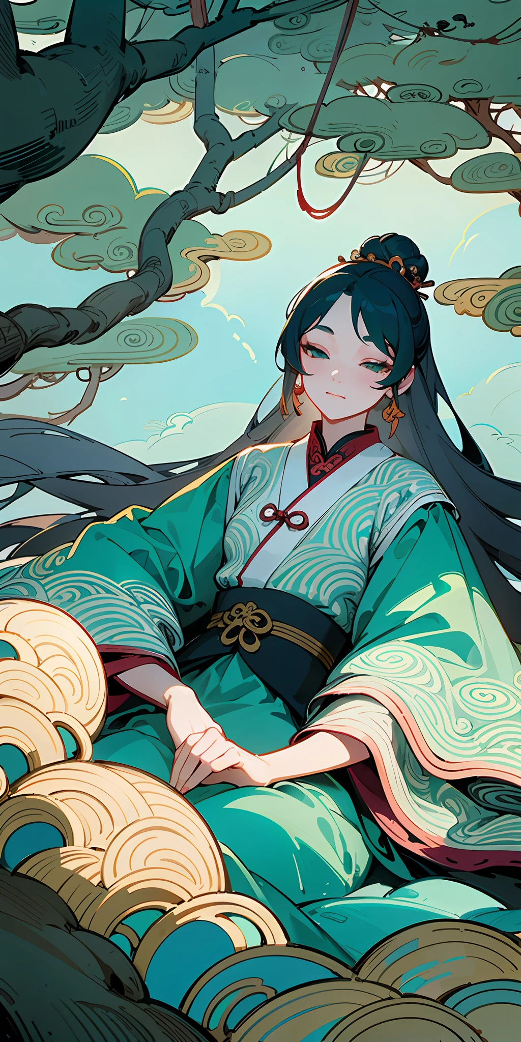 An ancient Chinese beauty lying on the tree trunk, wearing flowing tulle, light yarn, graceful figure, dressed in Chinese ancient clothes, lazy posture, wicker swaying, ink painting style, blank, freehand, blue green color, masterpiece, super detailed, epic composition, high quality, the highest quality, 4k --v 6
