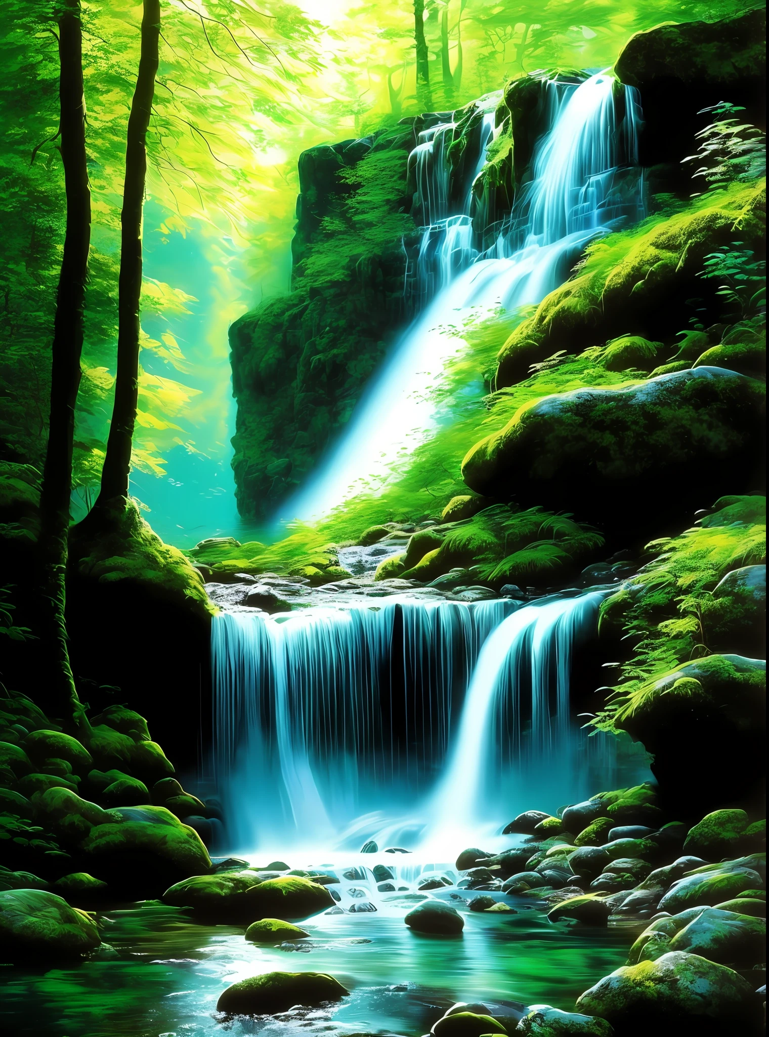 painting of a waterfall in a green forest with a sunbeam, waterfalls, amazing depth, breathtaking masterpiece of art, peaceful beautiful waterfall, multiple waterfalls, an endless waterfall, (waterfall), waterfall(beautiful, waterfall backdrop, waterfall, beautiful art uhd 4 k, streams of flowing light, soft airbrushed artwork, immense waterfall, cascading iridescent waterfalls
