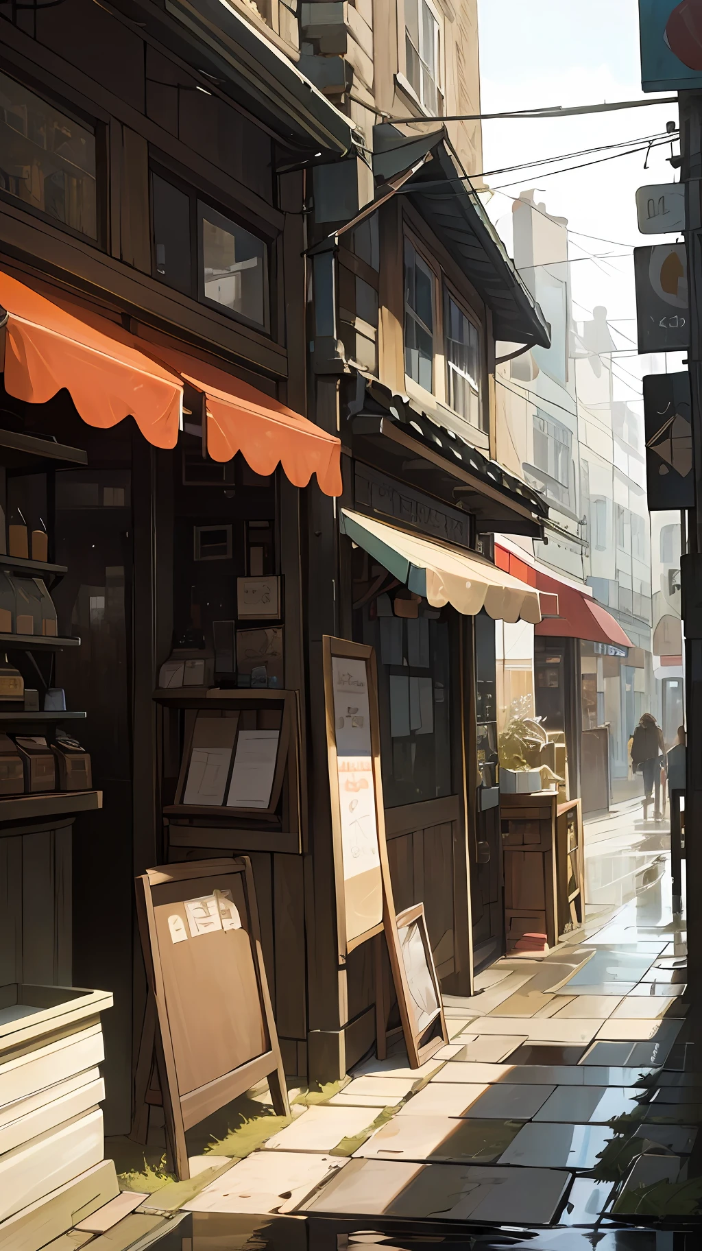 (masterpiece, best quality), Photo if a cafe ,wet Street,sunny day ,small  shops,busy street , trash been,village,nostalgia, ultra quality, hyper detailed