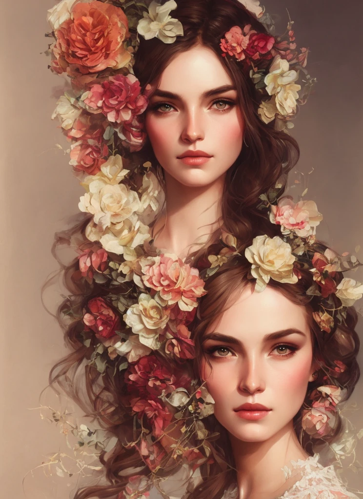 Realistic lithograph sketch portrait of Charlie Bowater, woman, flowers, [gear], pipes, dieselpunk, multicolored ribbons, old paper texture, highly detailed