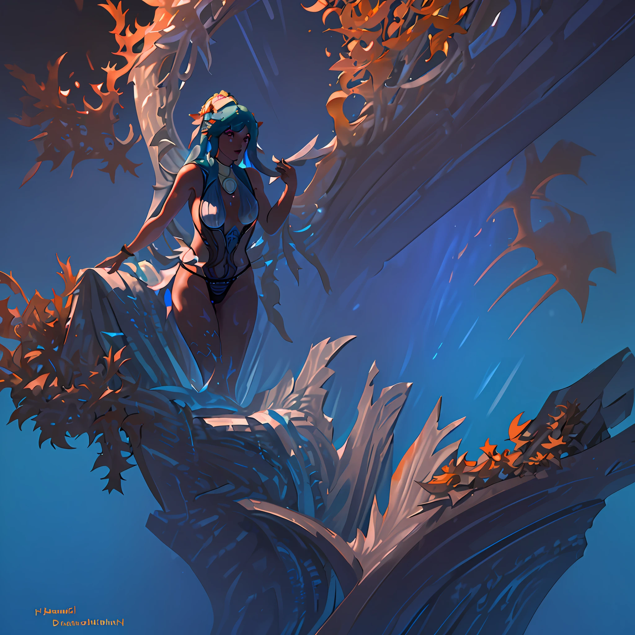 (high resolution, best quality, masterpiece, ultra-detailed CG render) of a (beautiful porcelain profile), with (toned) (dark skin), swimsuit, (breast slip) and angled in a (complex 3D render), scale to (8k), camel-toe skin, witch, outside, wet , autumn, thong