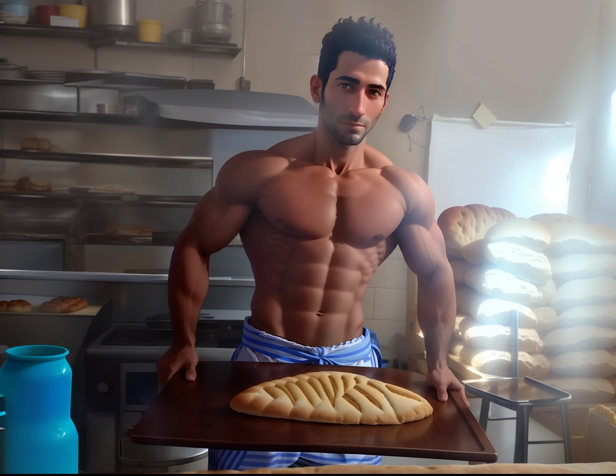 arafed man standing in front of a table with a bread, he is 3 , he is about 3 0 years old, he is about 30 years old, he is about 2 5 years old muscular, he is about 2 0 years old, he is about 20 years old, very muscular