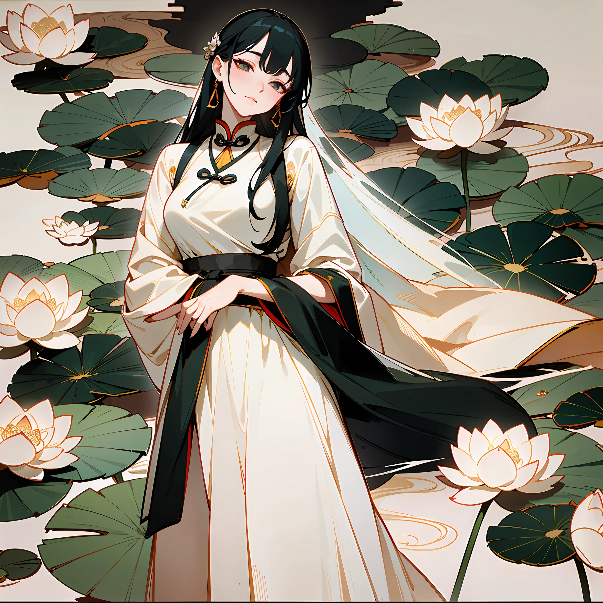 An ancient Chinese beauty, wearing ancient Chinese clothing, flowing tulle, light silk, lazy posture, large lotus leaf, lotus, ink painting style, clean color, decisive cutting, blank, freehand, masterpiece, super detailed, epic composition, high quality, the highest quality, 4k --v 6