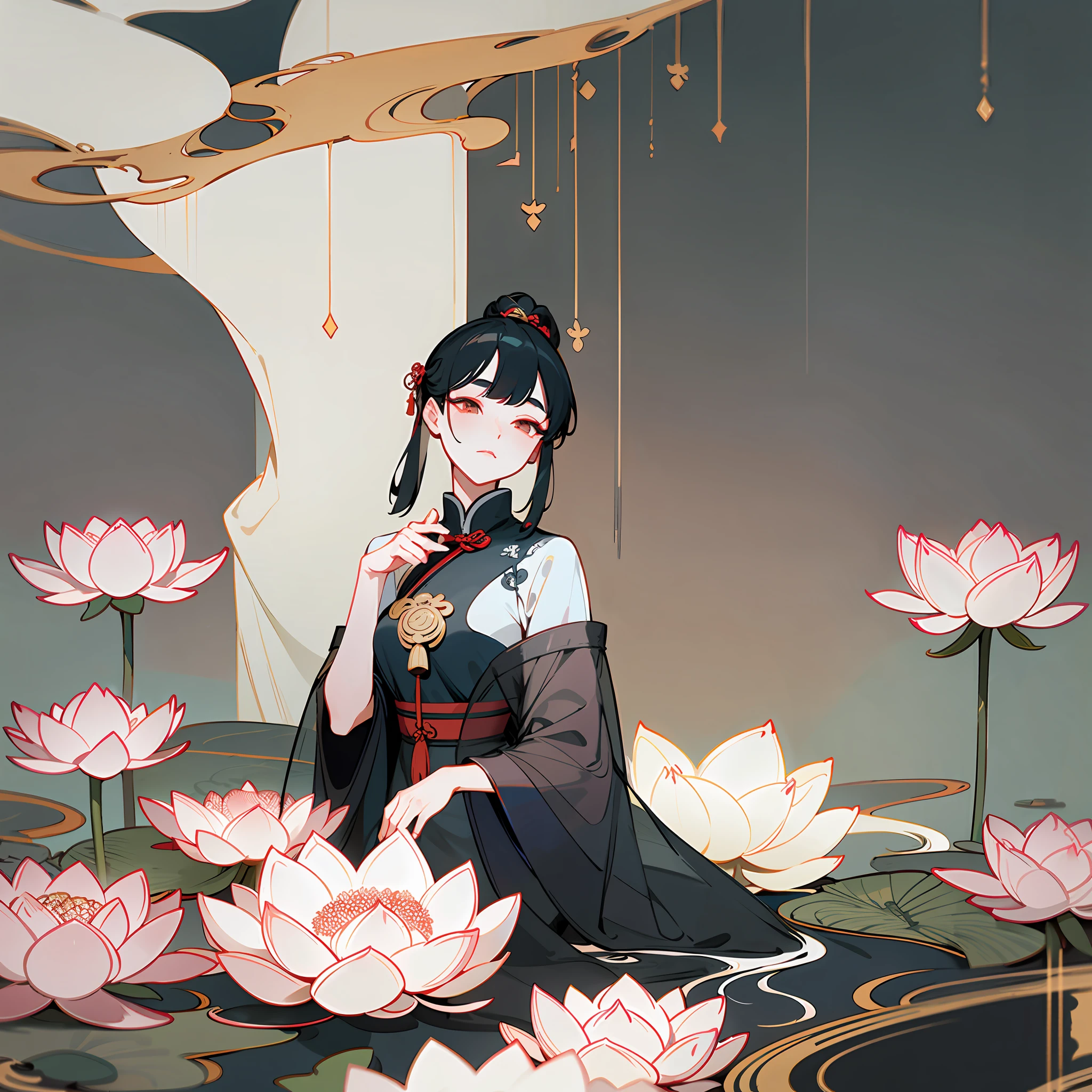An ancient Chinese beauty, wearing ancient Chinese clothing, flowing tulle, light silk, lazy posture, large lotus leaf, lotus, ink painting style, clean color, decisive cutting, blank, freehand, masterpiece, super detailed, epic composition, high quality, the highest quality, 4k --v 6
