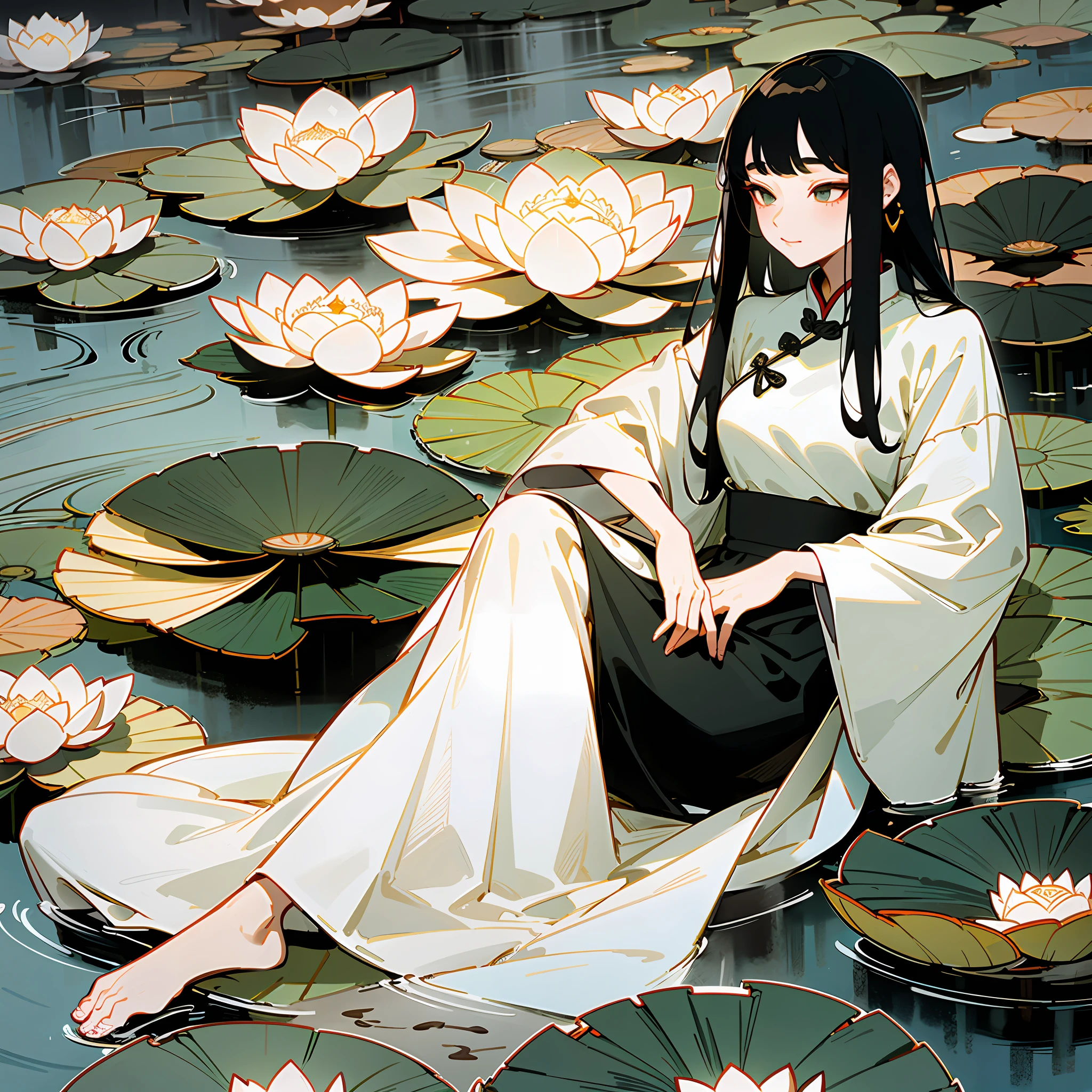 An ancient Chinese beauty sitting on a stone, wearing ancient Chinese clothing, flowing tulle, light silk, lazy posture, large lotus leaf, lotus, ink painting style, clean color, decisive cutting, blank, freehand, masterpiece, super detailed, epic composition, high quality, the highest quality, 4k --v 6