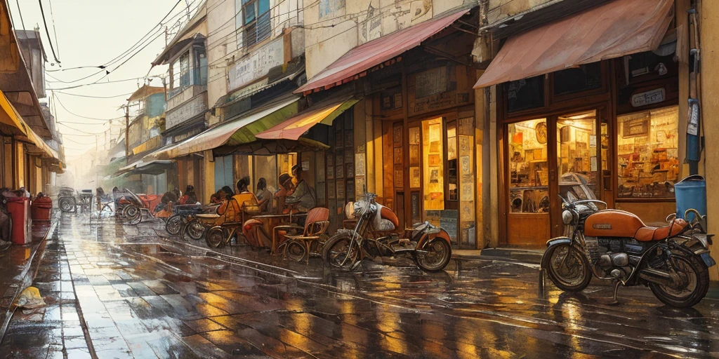 (masterpiece, best quality), Photo if a cafe ,wet Street,sunny day ,clean street , trash been,indian street view, nostalgia, ultra quality, hyper detailed