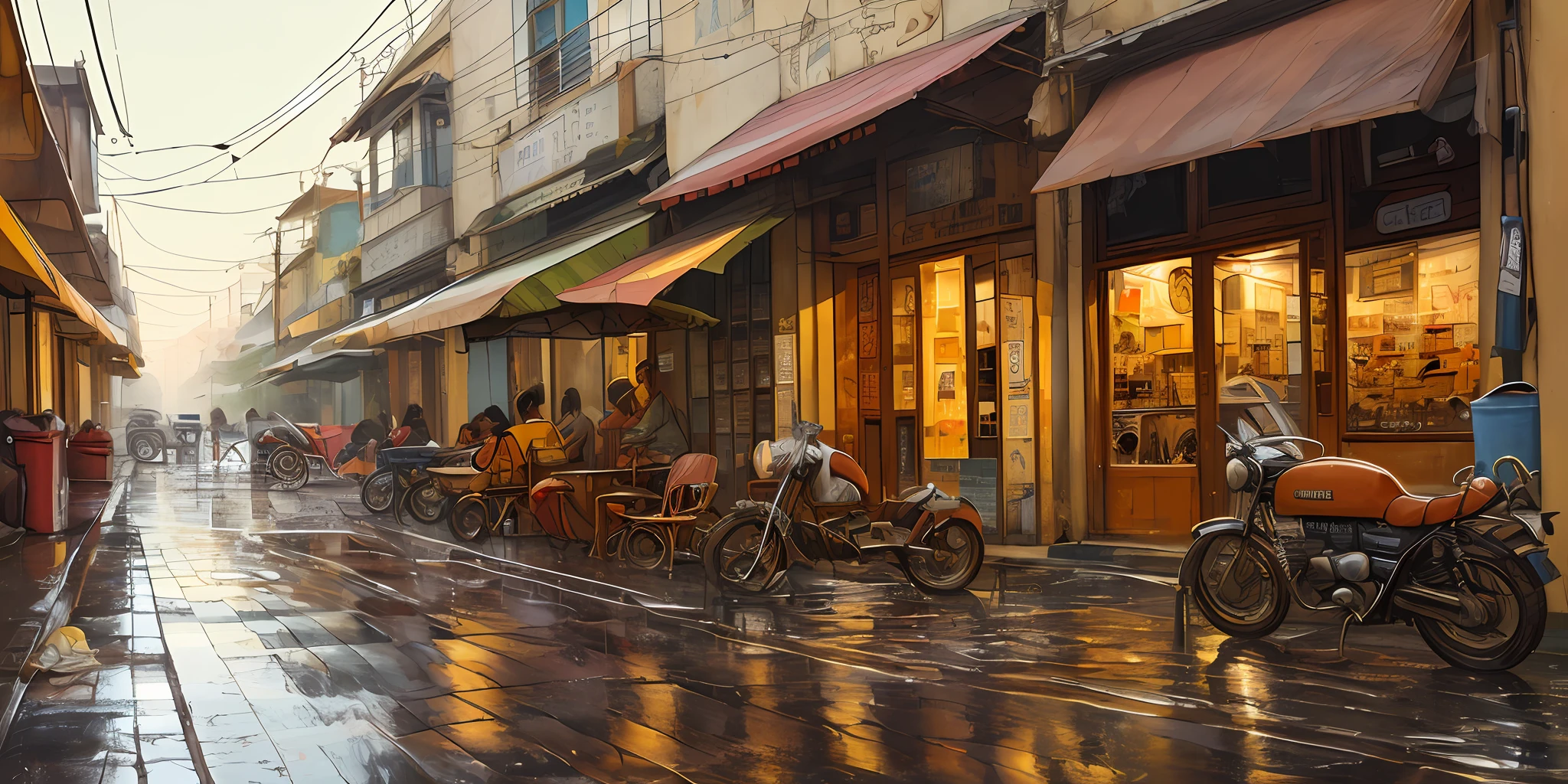 (masterpiece, best quality), Photo if a cafe ,wet Street,sunny day ,clean street , trash been,indian street view, nostalgia, ultra quality, hyper detailed