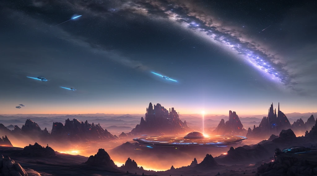 spaceship flying over a mountain with a distant landscape in the background, alien breathtaking landscape, beautiful alien landscape, stunning alien landscape, sci-fi fantasy wallpaper, impressive fantasy landscape, amazing alien landscape, sci-fi fantasy desktop wallpaper, epic dreamlike fantasy landscape, epic beautiful space scifi, alien planet in the sky faraway, an alien landscape view, galactic landscape