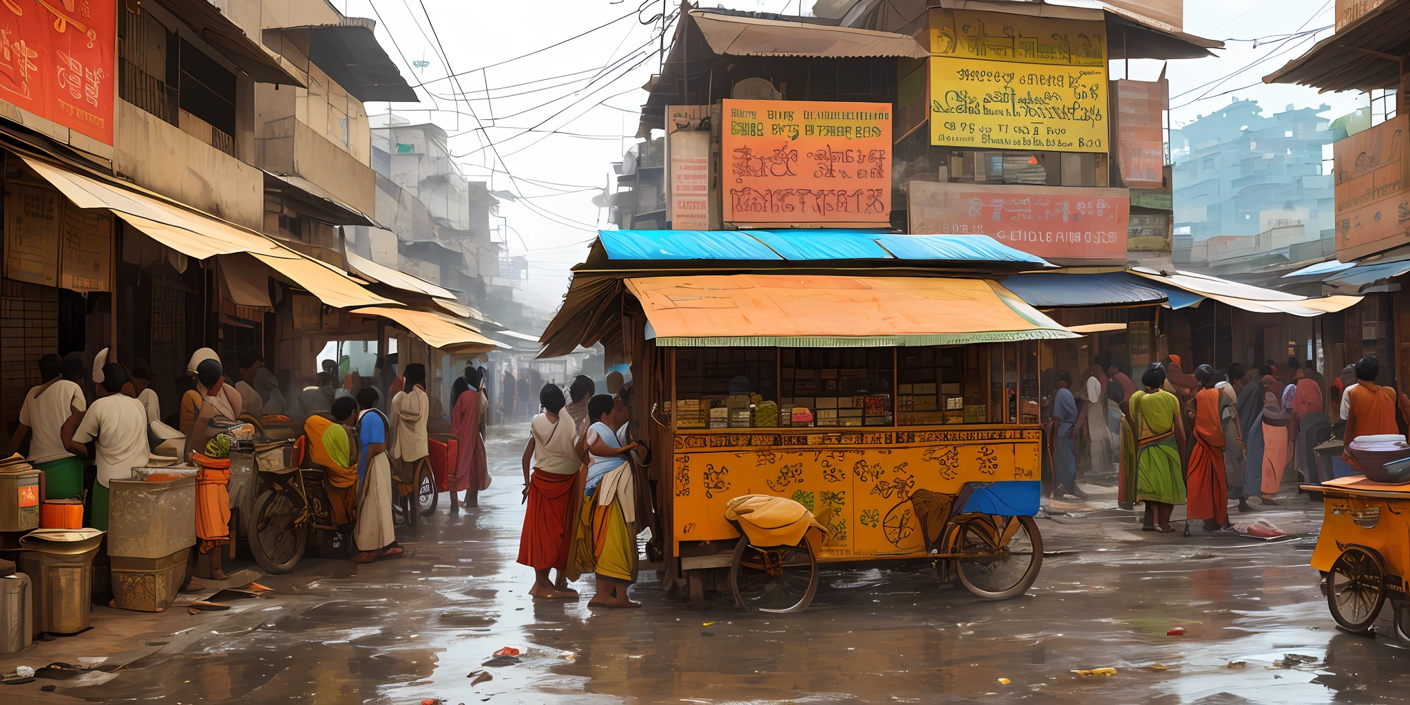 (masterpiece, best quality), Photo indian tea stall ,wet Street,sunny day ,busy street, trash been,indian street view, nostalgia, ultra quality, hyper detailed