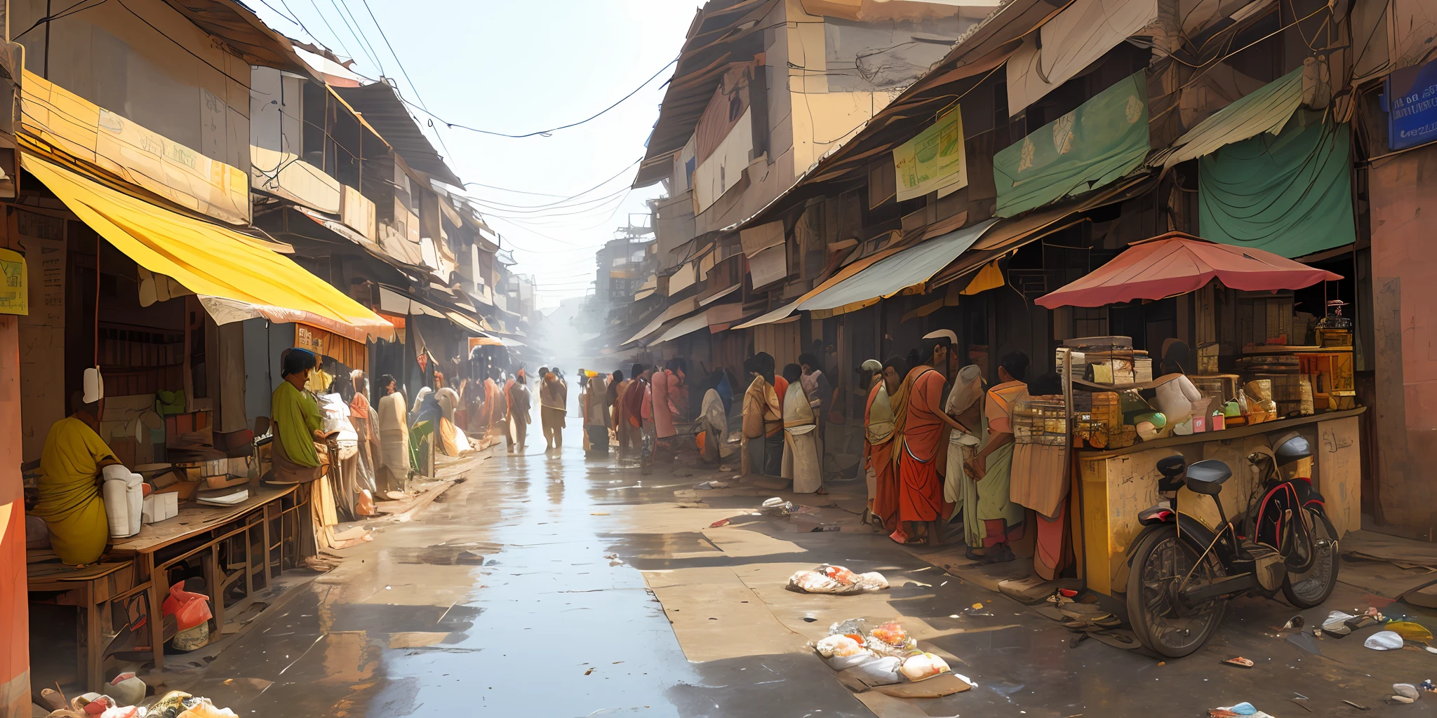 (masterpiece, best quality), Photo indian tea stall ,wet Street,sunny day ,busy street, trash been,indian street view, nostalgia, ultra quality, hyper detailed