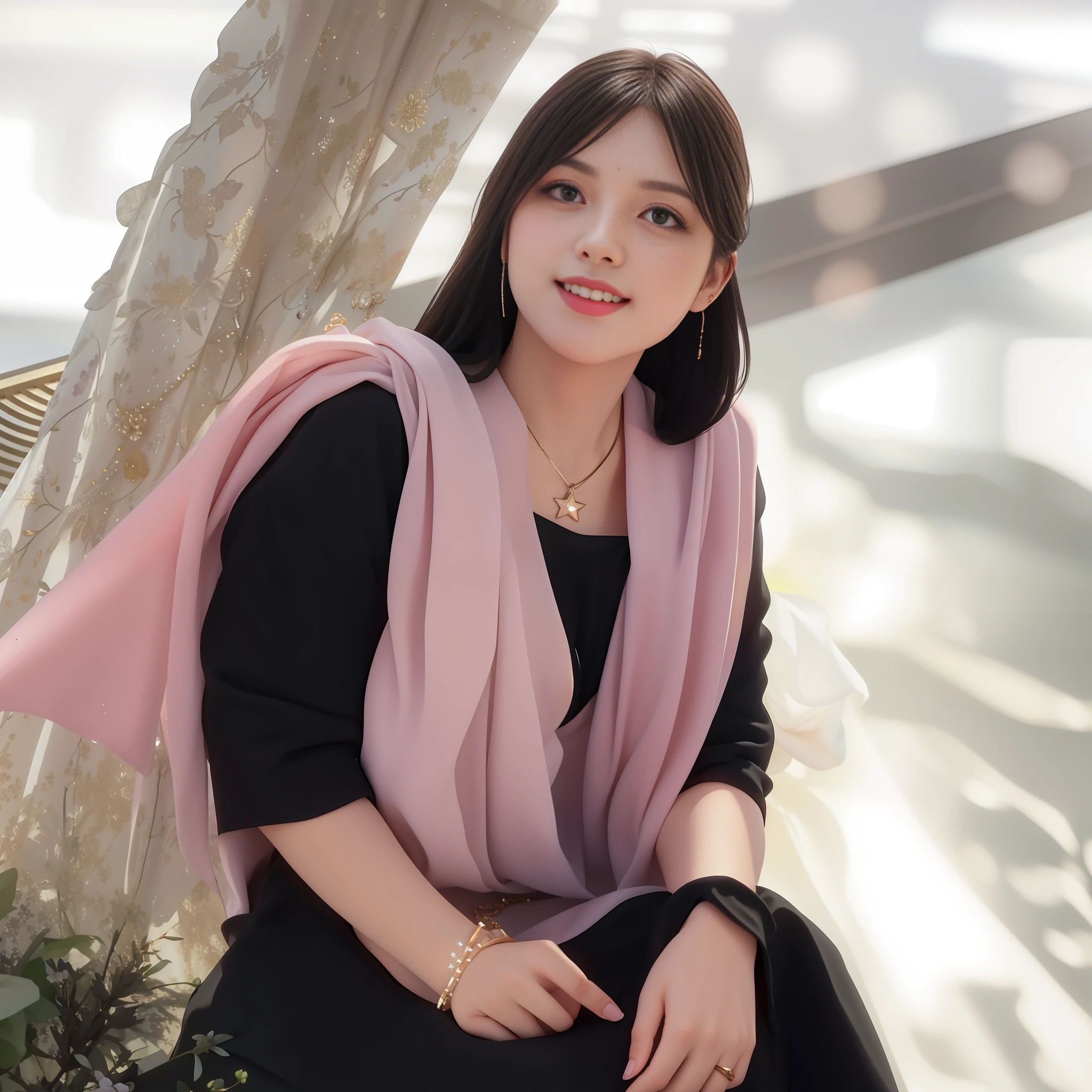 best quality, masterpiece, highres, 1girl,blush,(seductive smile:0.8),star-shaped pupils,necklace, jewelry,Beautiful face,upon_body, tyndall effect,photorealistic, dark studio, rim lighting, two tone lighting,(high detailed skin:1.2), 8k uhd, dslr, soft lighting, high quality, volumetric lighting, candid, Photograph, high resolution, 4k, 8k, Bokeh