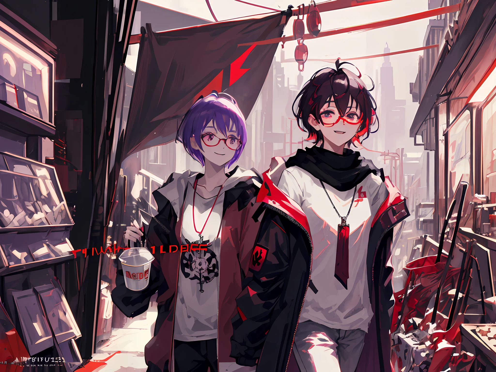 masterpiece, vampire boy,best quality, ultra-detailed, illustration, close-up, straight on, face focus, solo,, short hair, city, sunlight,(Soft glow:1.1),light smile,8k, best quality, ultra high res, high quality,cyberpunk style, wearing round glasses, sci-fi, anime vampire boy, red purple Black mixed hair, half red half purple eyes, wearing round glasses, silver cross necklace, black rings, fangs, smile, wearing a big cybercoatwith different lighting in it , long big cybernetic scythe, outsideon Japanese street, close up photo