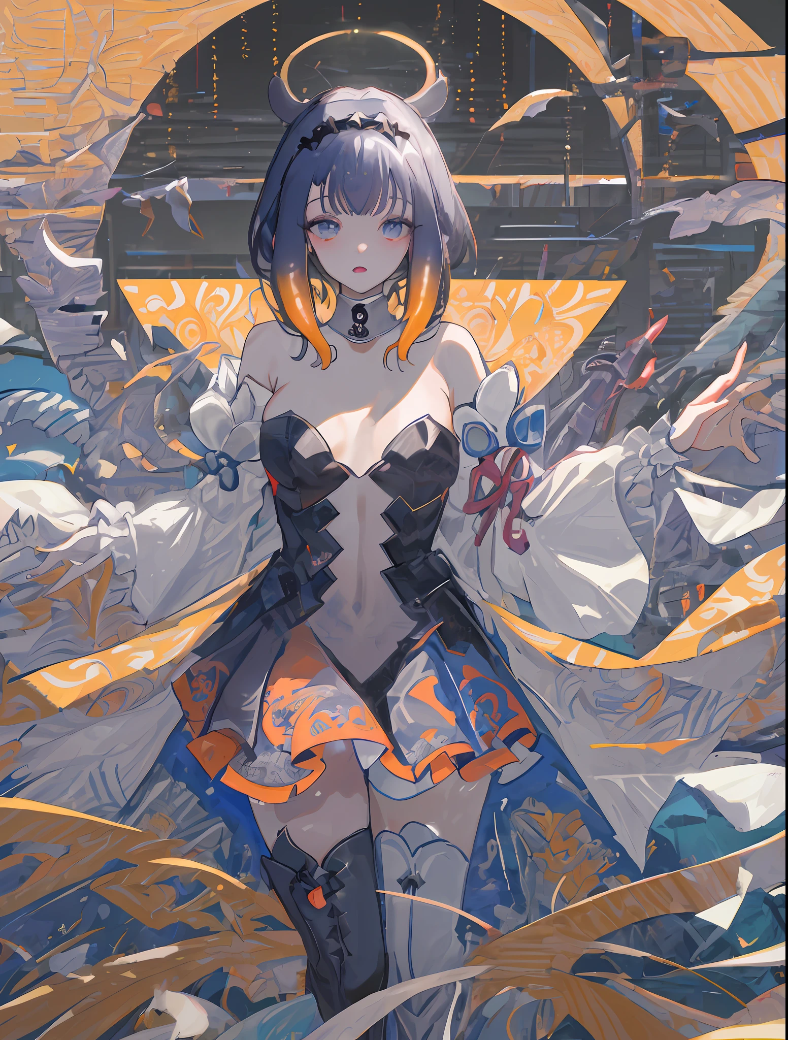 masterpiece:1.3), (absurdres:1.3), (best quality:1.3), (8K), (large masterpiece digital art), (detailed manga illustration), (handled hair), pureerosface_v1, perfect anatomy, (intricate details:1.3), (ultra-detailed:1.3), (illustration:1.3), (sharp focus:1.3), (natural lighting:1.05), (vivid colors:1.3), ninoma ina'nis, tentacle hair, strapless, single thighhigh, white thighhighs, detached sleeves, diamond hairband, highleg leotard,