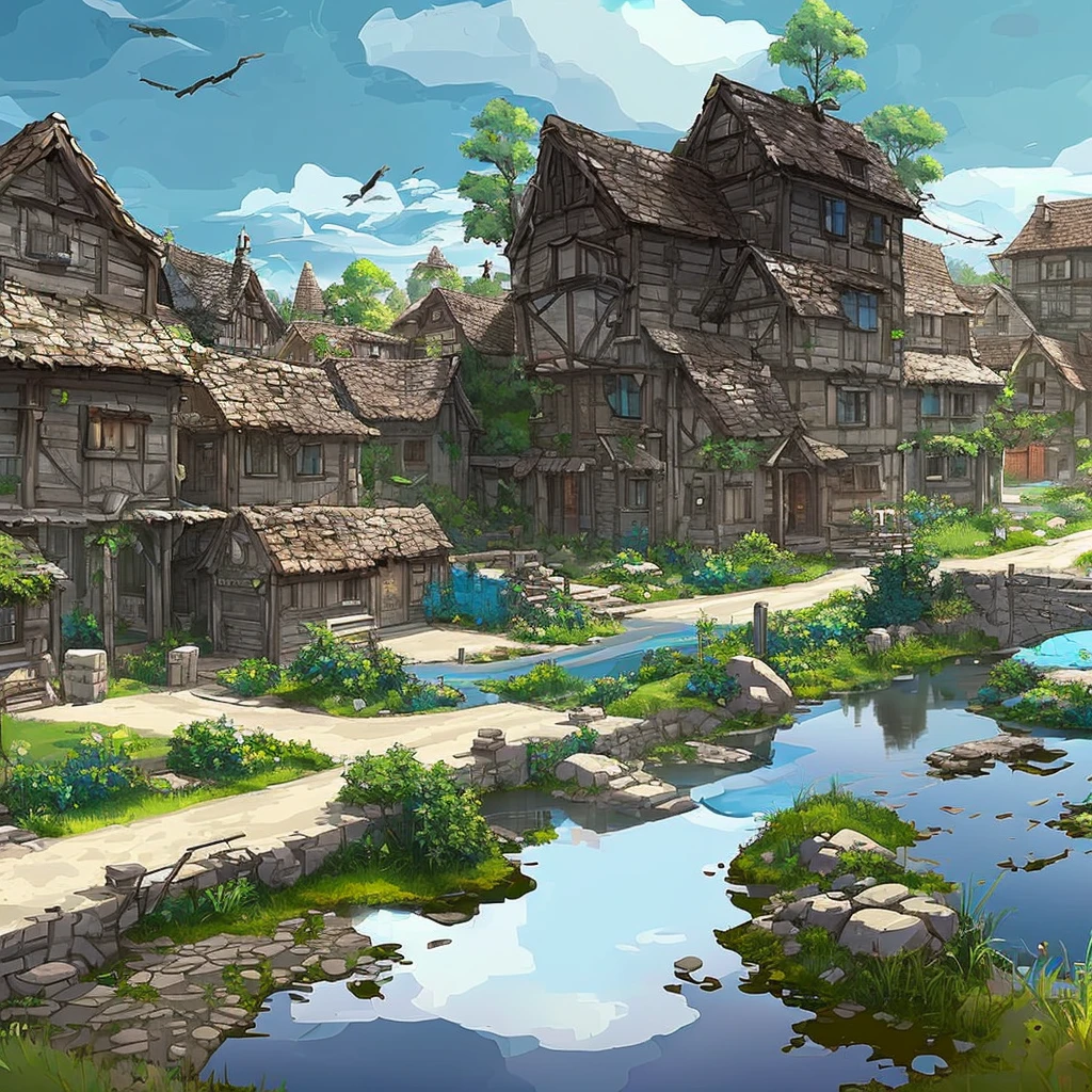 concept art, no humans, village, rock, puddle, country, road