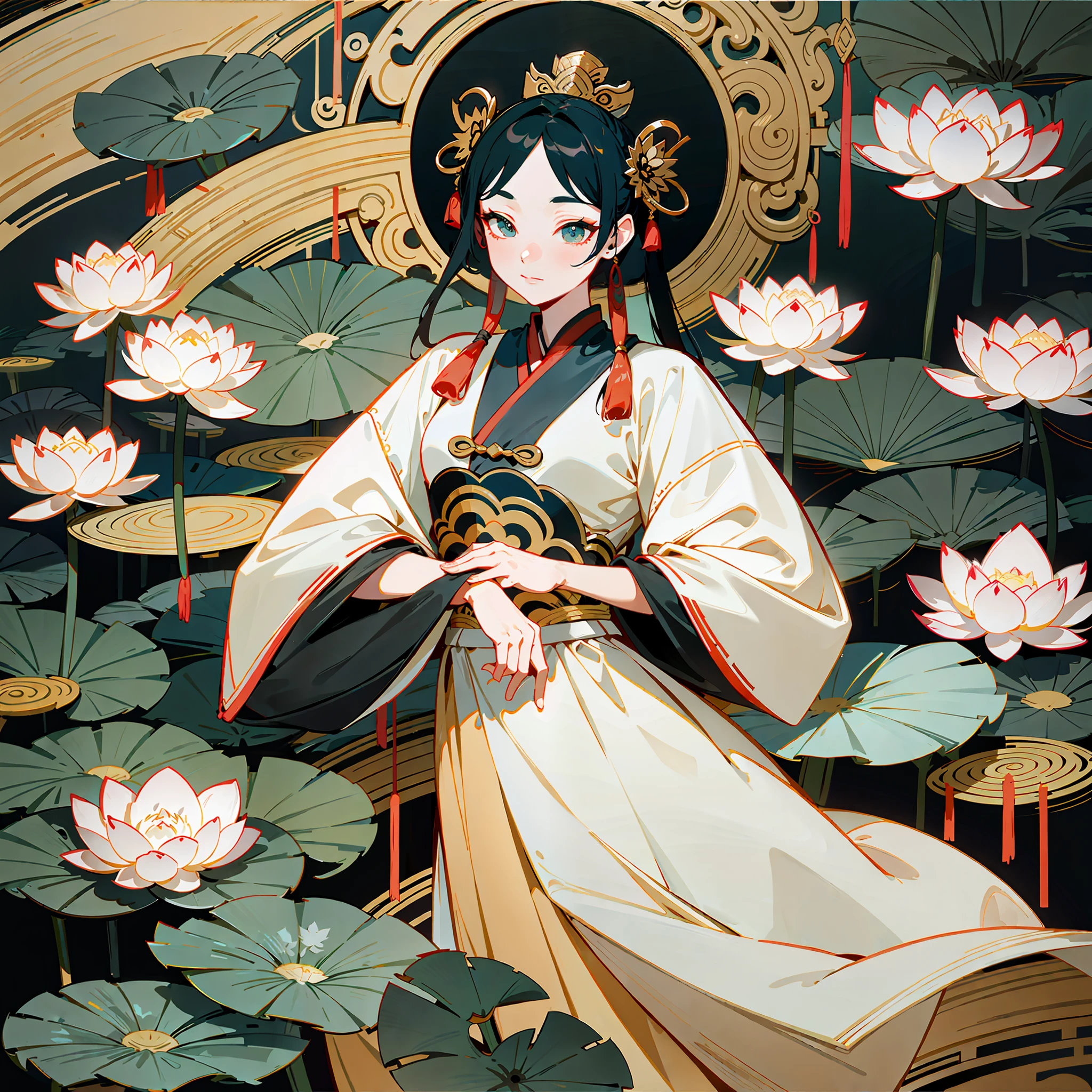 An ancient Chinese beauty, wearing ancient Chinese clothing, flowing tulle, light silk, lazy posture, large lotus leaf, lotus, ink painting style, clean color, decisive cutting, blank, freehand, masterpiece, super detailed, epic composition, high quality, the highest quality, 4k --v 6