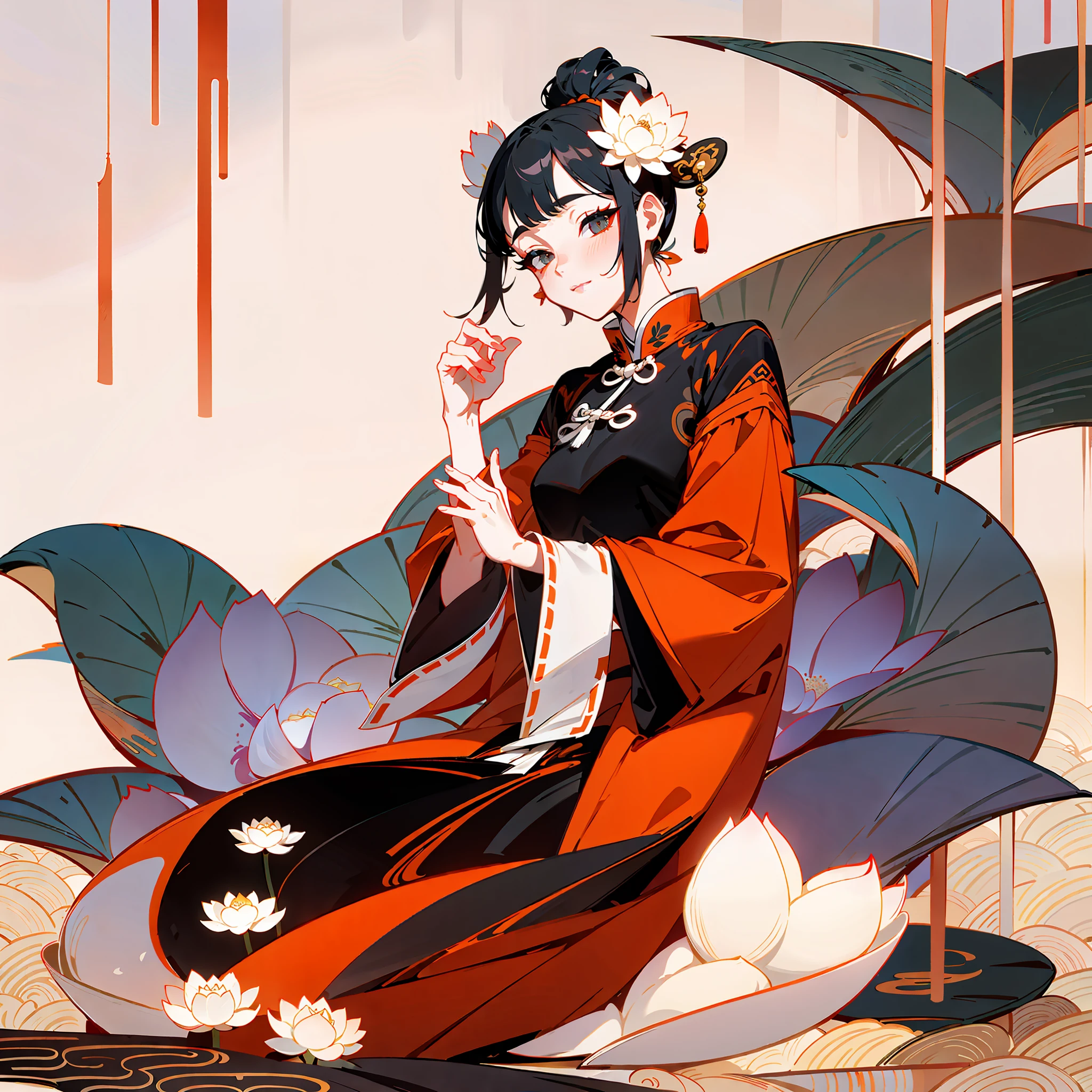 An ancient Chinese beauty, wearing ancient Chinese clothing, flowing tulle, light silk, lazy posture, large lotus leaf, lotus, ink painting style, clean color, decisive cutting, blank, freehand, masterpiece, super detailed, epic composition, high quality, the highest quality, 4k --v 6