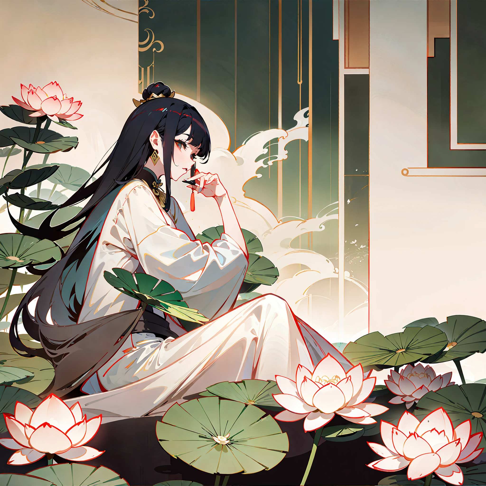 An ancient Chinese beauty, wearing ancient Chinese clothing, flowing tulle, light silk, lazy posture, large lotus leaf, lotus, ink painting style, clean color, decisive cutting, blank, freehand, masterpiece, super detailed, epic composition, high quality, the highest quality, 4k --v 6