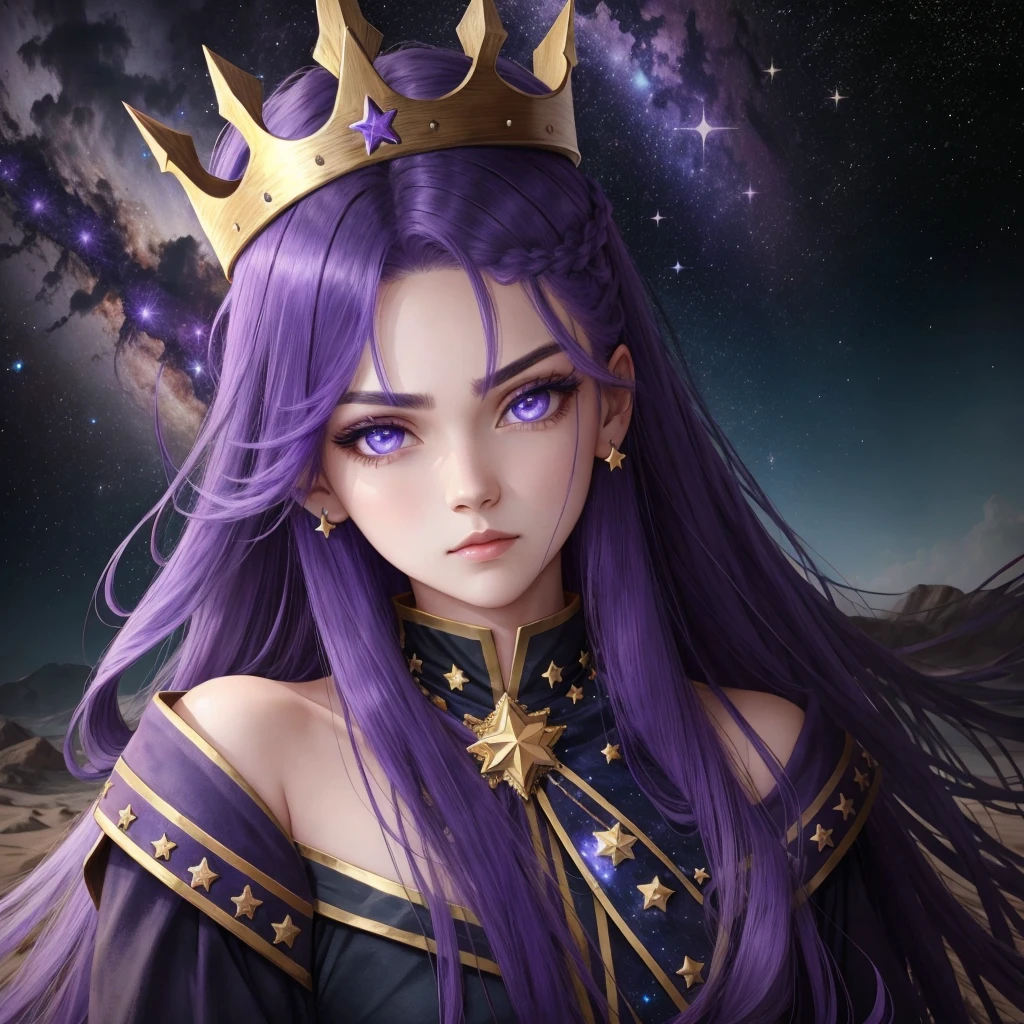female, starry hair, violet eyes, judgemental look, thorned crown, night sky, space, stars, starry sky, space god