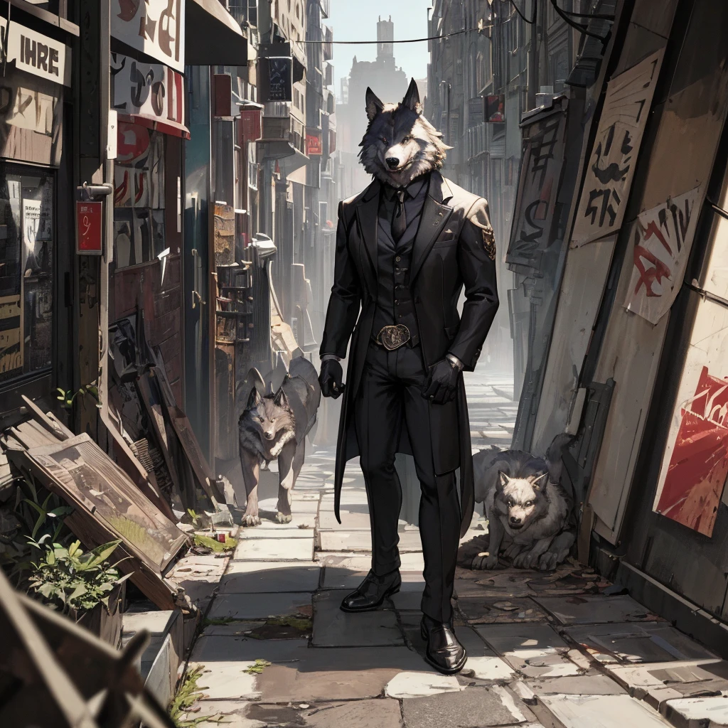 Masterpiece, (Super Detailed), (Animal Anthropomorphism), Gangster Theme, Wolf, Handsome, Trench Coat, Dim Lights, Smoke, Shadows, Corrupted Cityscape, Highest Quality, Single Focus, (Skim: 1.1), Muscular Men , Full Body, Intricate (High Detail: 1.1) Unreal Engine.