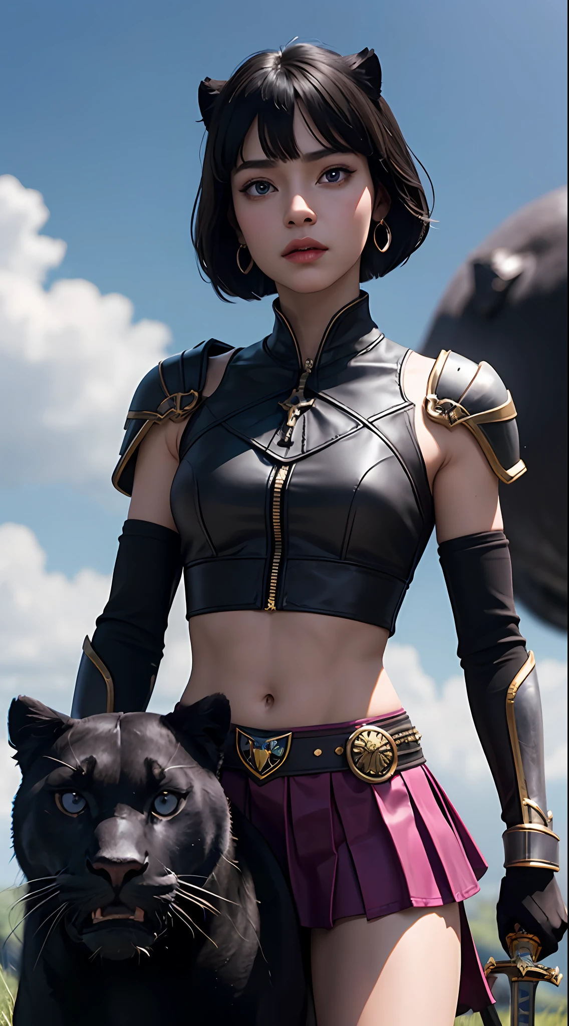 1girl, solo, (sword on back:1.331), looking afar, shoulder ring, head tilt, blunt bangs, black short hair, purple eyes, gem earrings, black helmet, impossible clothes, shoulder armor, crop top, skirt, oval face, conscientious,
simple background, monochrome background, (ridding, ridding a panther, panther:1.2), 
ancient, warrior \(final fantasy\),  , portrait, dramatic, complex 3d render, WOLP, (masterpiece:1,2), best quality, masterpiece, highres, original, extremely detailed wallpaper, perfect lighting,(extremely detailed CG:1.2), nature lighting,