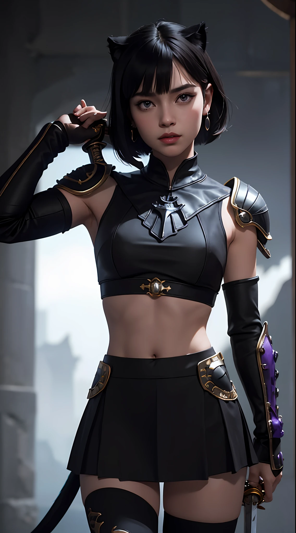 1girl, solo, (sword on back:1.331), looking afar, shoulder ring, head tilt, blunt bangs, black short hair, purple eyes, gem earrings, black helmet, impossible clothes, shoulder armor, crop top, skirt, oval face, conscientious,
simple background, monochrome background, (ridding, ridding a panther, panther:1.2), 
ancient, warrior \(final fantasy\),  , portrait, dramatic, complex 3d render, WOLP, (masterpiece:1,2), best quality, masterpiece, highres, original, extremely detailed wallpaper, perfect lighting,(extremely detailed CG:1.2), nature lighting,