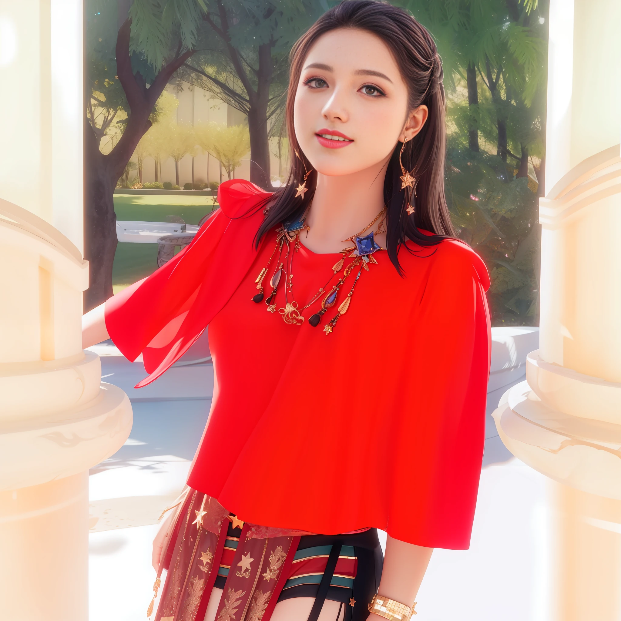 best quality, masterpiece, highres, 1girl,blush,(seductive smile:0.8),star-shaped pupils,necklace, jewelry,Beautiful face,upon_body, tyndall effect,photorealistic, dark studio, rim lighting, two tone lighting,(high detailed skin:1.2), 8k uhd, dslr, soft lighting, high quality, volumetric lighting, candid, Photograph, high resolution, 4k, 8k, Bokeh