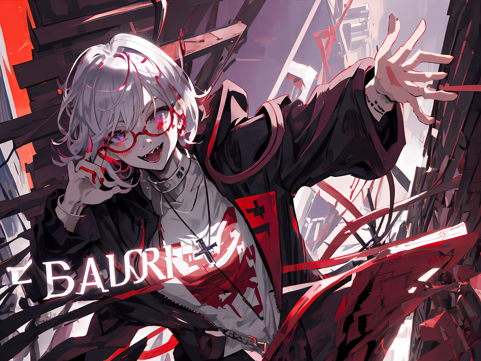 masterpiece, vampire boy,best quality, ultra-detailed, illustration, close-up, straight on, face focus, solo,, short hair, city, sunlight,(Soft glow:1.1),light smile,8k, best quality, ultra high res, vampire male, high quality,cyberpunk style, wearing round glasses, sci-fi, anime vampire boy, red purple Black mixed hair, half red half purple eyes, wearing round glasses, silver cross necklace, black rings, fangs, smile, wearing a big cybercoatwith different lighting in it , long big cybernetic scythe, outsideon Japanese street, close up photo