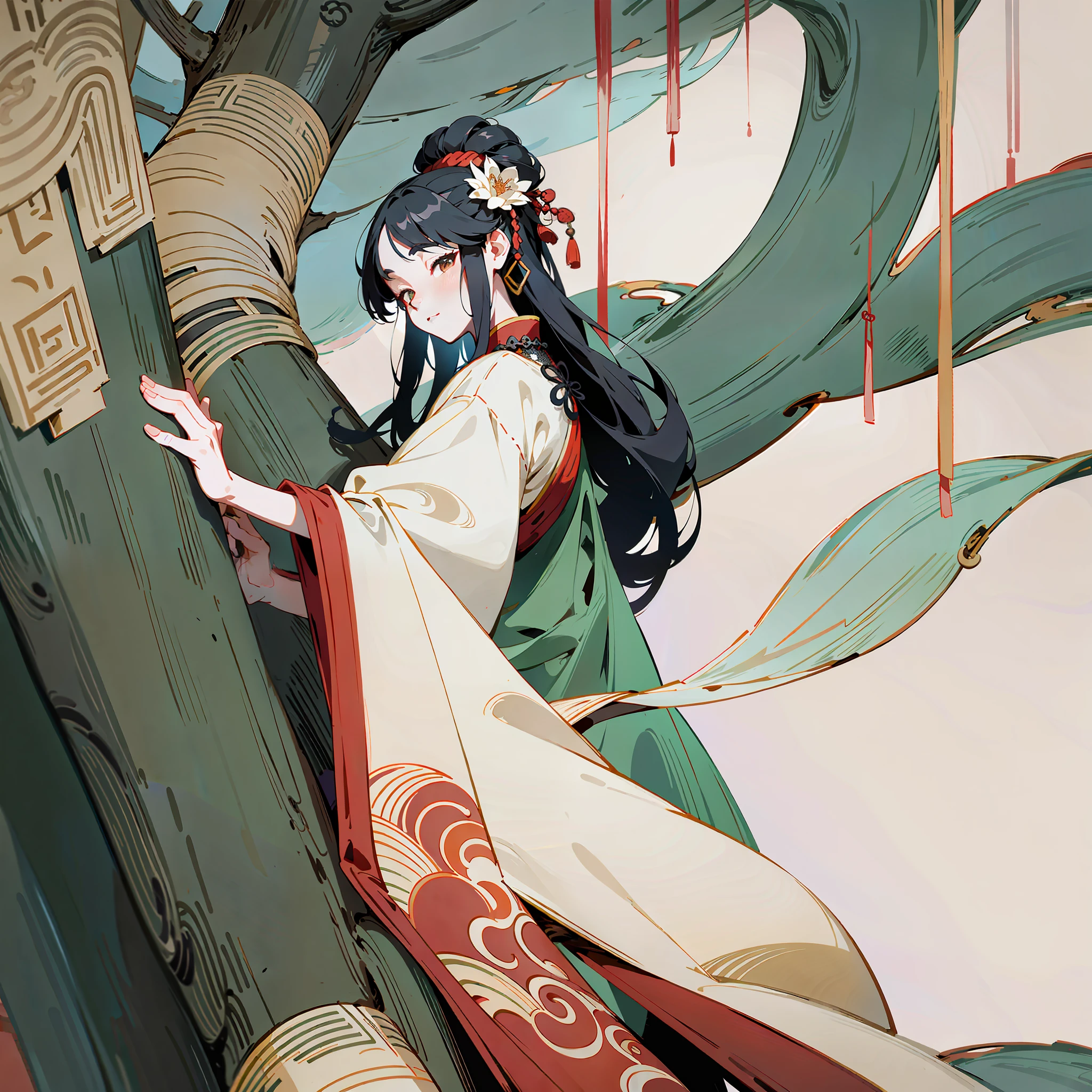 An ancient Chinese beauty leaning on the tree trunk, wearing ancient Chinese clothing, flowing tulle, light silk, lazy posture, willow, catkins, ink painting style, clean color, decisive tailoring, blank, freehand, masterpiece, super detailed, epic composition, high quality, the highest quality, 4k --v 6