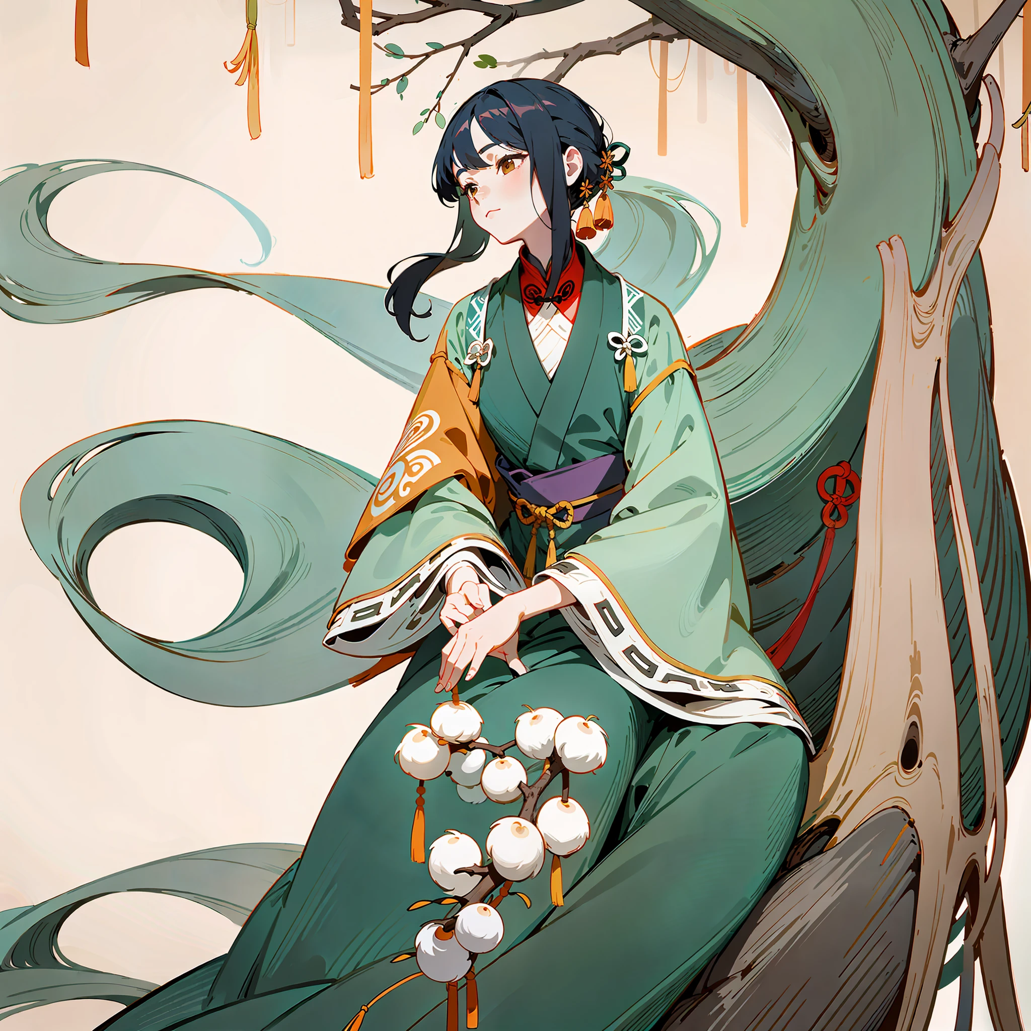 An ancient Chinese beauty leaning on the tree trunk, wearing ancient Chinese clothing, flowing tulle, light silk, lazy posture, willow, catkins, ink painting style, clean color, decisive tailoring, blank, freehand, masterpiece, super detailed, epic composition, high quality, the highest quality, 4k --v 6