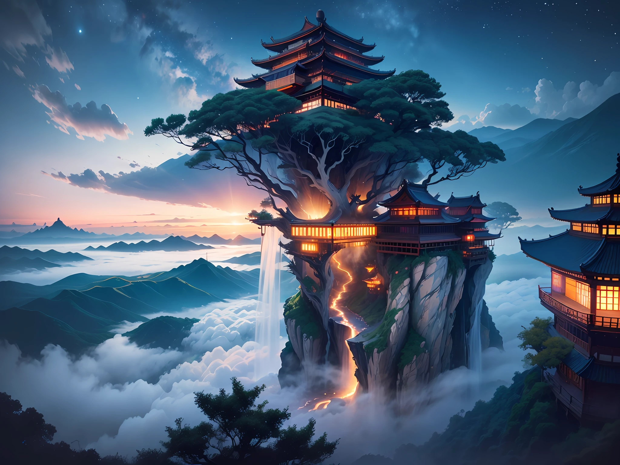( ( Top view, high angle view, Focal point composition) ) , Sunset Gradient, moonlit night, halo, beautiful light, beautiful play of shadow, light effects, Autumn, Ancient Chinese architecture, many raditional Chinese architecture on a floating island, there are many scattered buildings on the high mountain, ( huge Taoist incense burner, Sending out exquisite and beautiful magical effects) , waterfall cascading from the island, a vast sea of clouds, spectacular waterfalls, group of buildings, lanterns and sky lanterns floating in the air, high mountains, starry skies, soft color, refreshing, beautiful, Chinese landscape painting, cinematic lighting, high detail, (close-up), (chiaroscuro),fine facial details,cinematic lighting, (depth of field), UHD,--v6