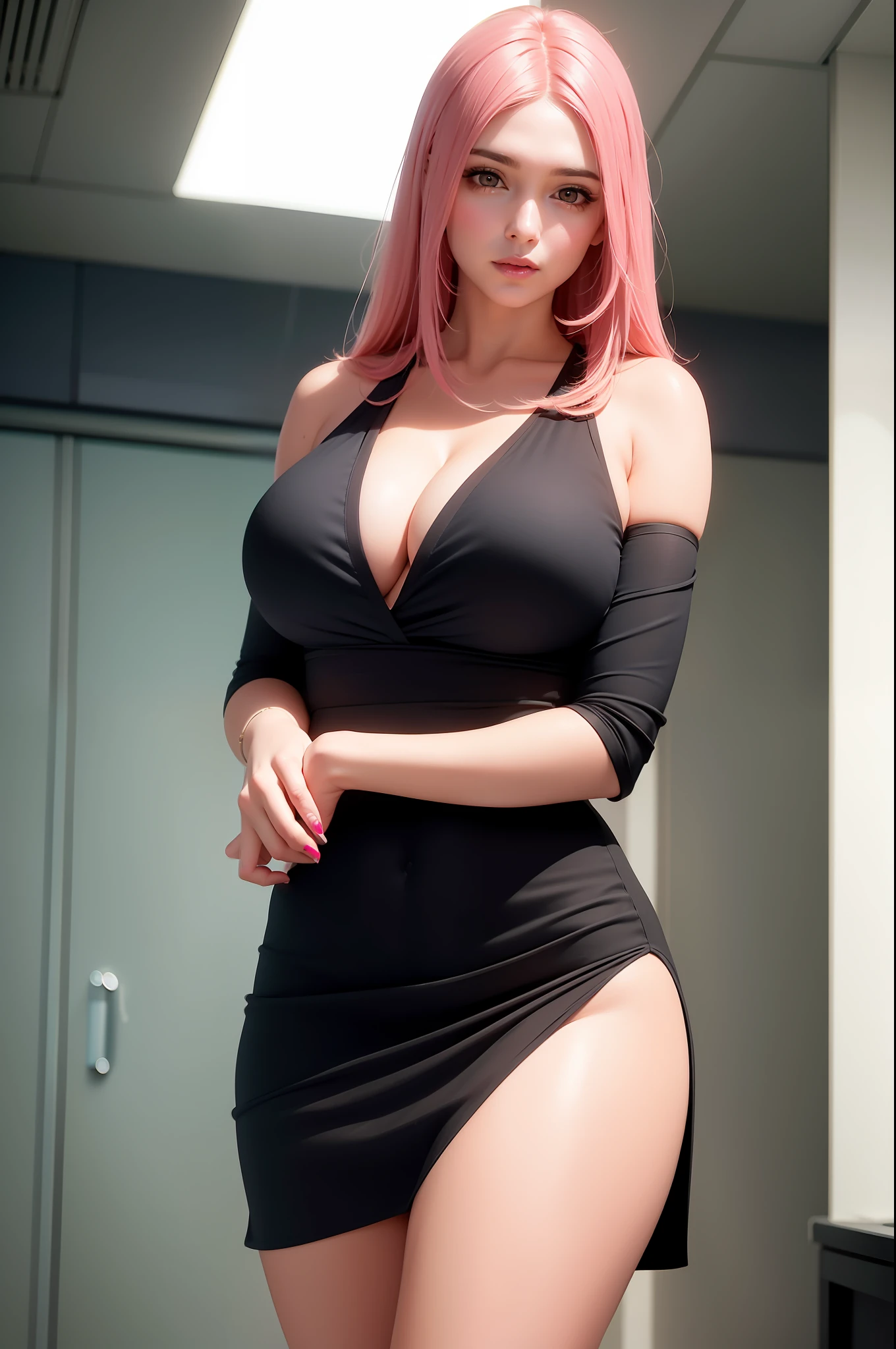 "Create an ultra-realistic image of an alluring american office lady flaunting F-cup breasts, thick thighs, and sexy, long legs. Focus on the pure erotic beauty of her face with a mischievous expression, framed by long, luxurious pink hair, in a full photo view. Enhance the composition with amazing attention to detail to bring out the "wei" allure in her look."